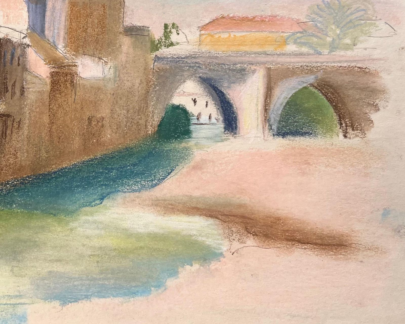 Anne Marie Migette Perardmid 20th Century Pastel Of Riverside Buildings And Arched Stone Bridge photo 519.0
