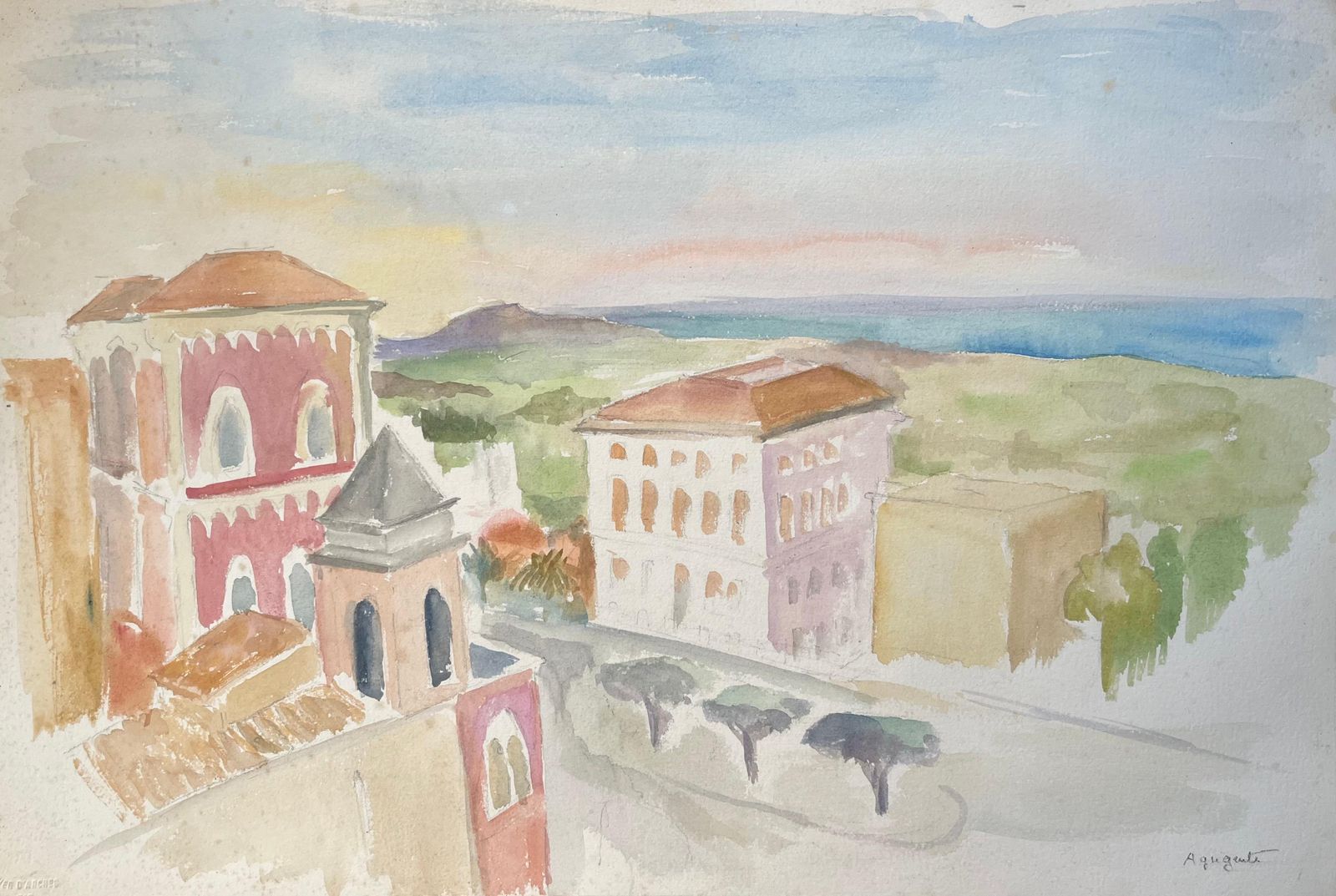 Anne Marie Migette Perardmid 20th Century Watercolour Of Coastal Architecture And Sea View In Agrigento