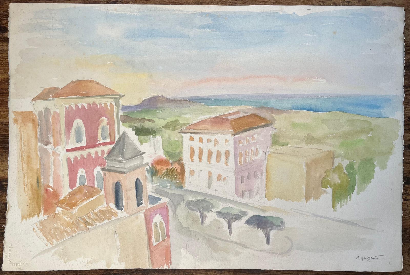Anne Marie Migette Perardmid 20th Century Watercolour Of Coastal Architecture And Sea View In Agrigento photo furniture