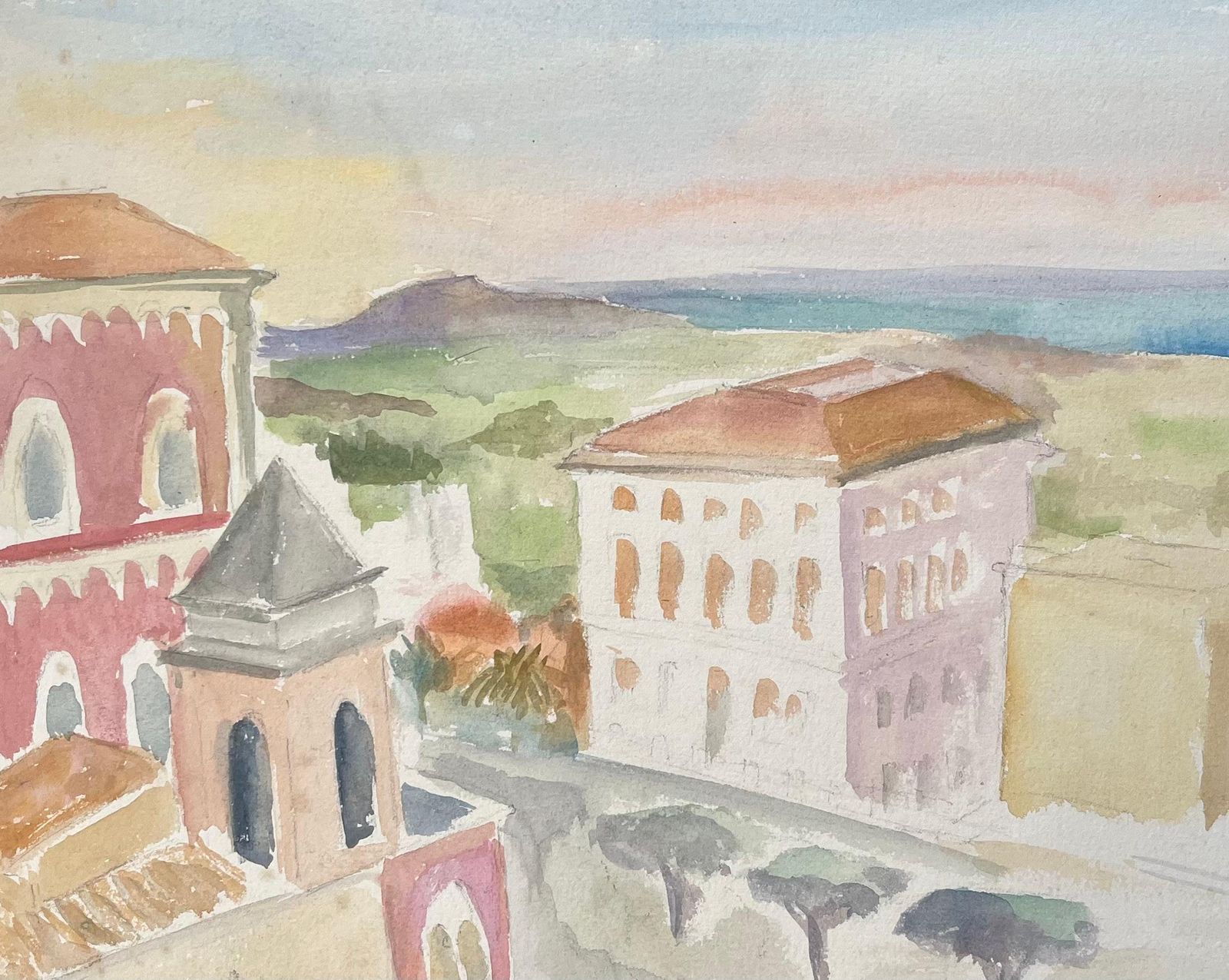 Anne Marie Migette Perardmid 20th Century Watercolour Of Coastal Architecture And Sea View In Agrigento photo buy