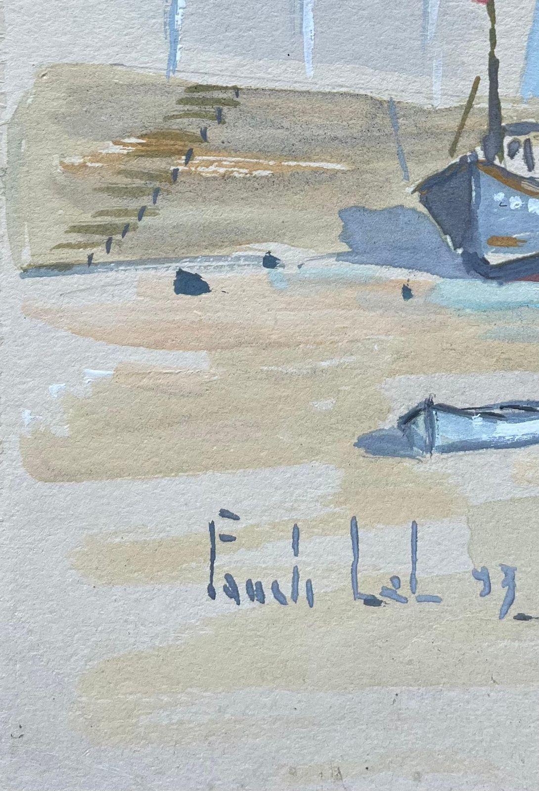 Fanch Lelfrench Coastal Gouache Of Fishing Boats On Shoreline Under An Overcast Sky1993 photo 505.0