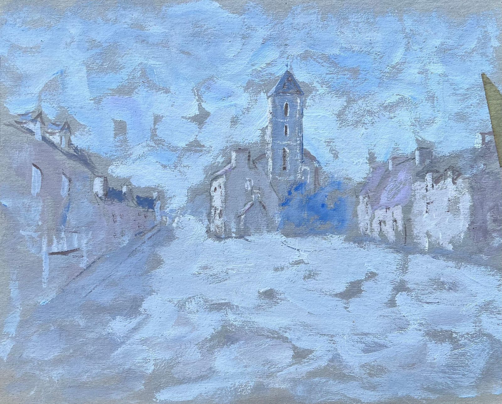 Fanch Lelfrench Gouache Painting Of Village Street And Church Tower In Pale Blue