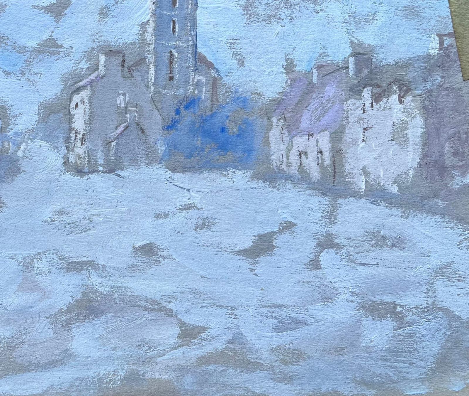 Fanch Lelfrench Gouache Painting Of Village Street And Church Tower In Pale Blue photo Art
