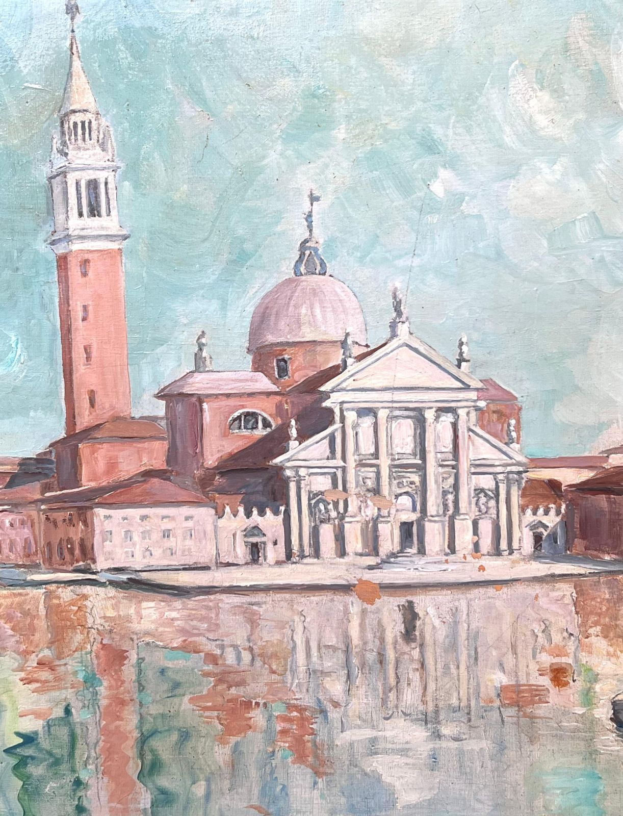 Christian Dombrevanehuge Signed Oil Painting Venice Canal San Giorgio Maggiore 20th Century photo vintage
