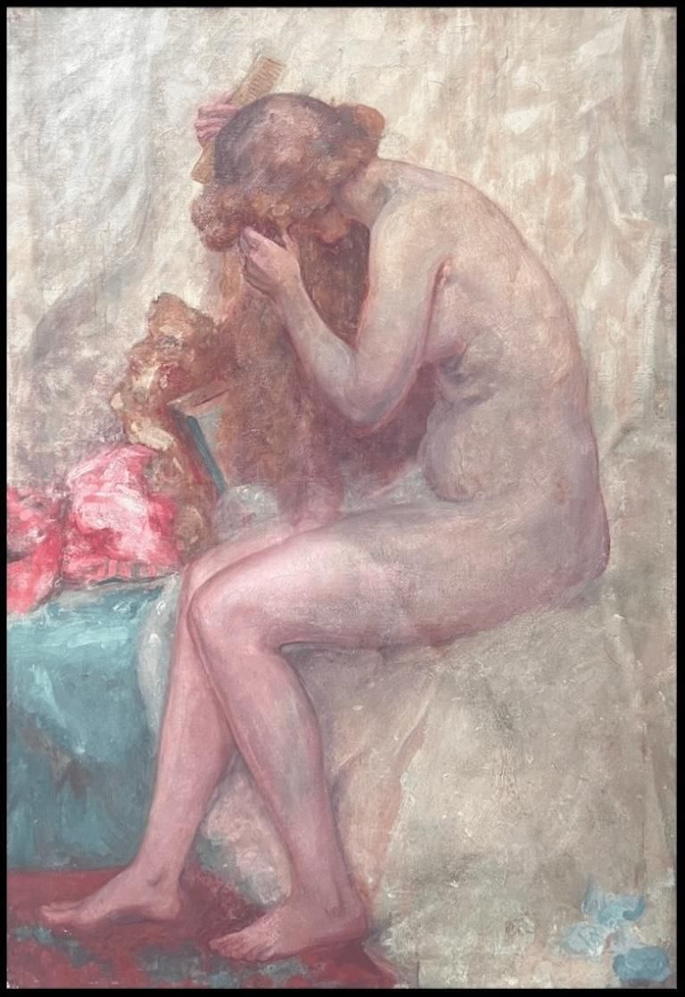 French Schoolhuge 1900's French Impressionist Oil On Canvas Nude Model Artists Interior photo vintage