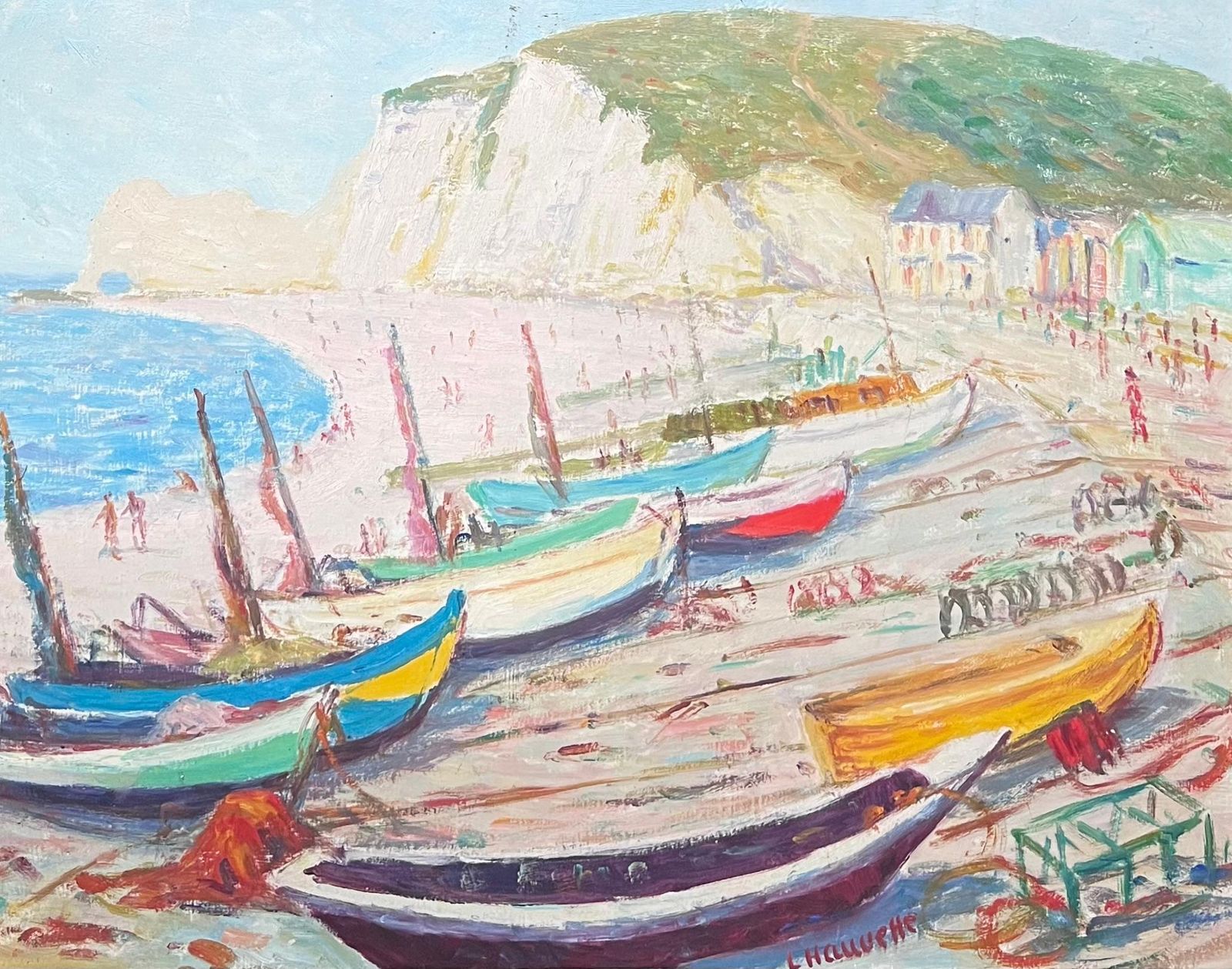 N. Hauvettemid Century French Signed Oil Boats Moored On White Cliff Beach Coastal Seascape1950 photo furniture