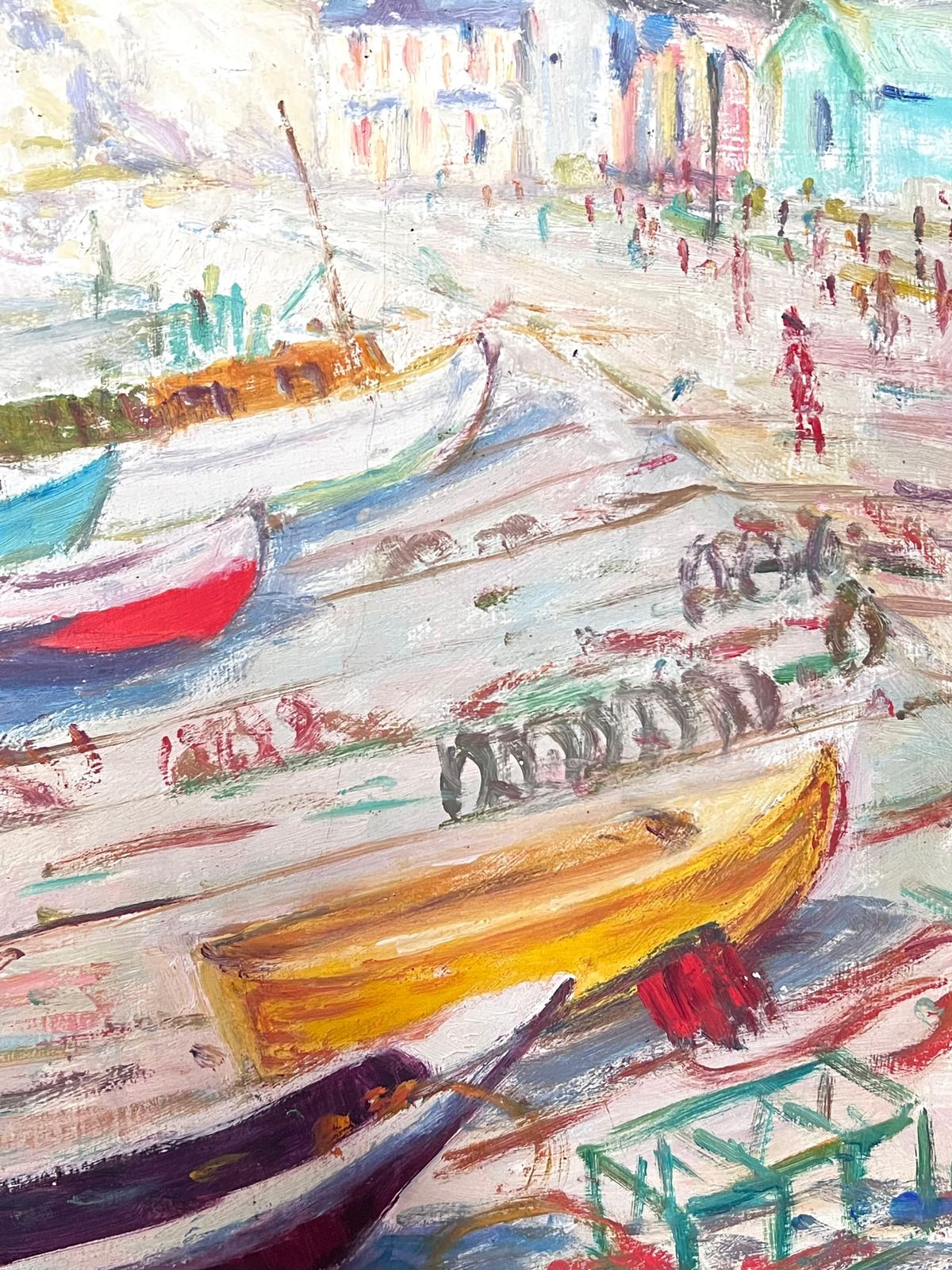 N. Hauvettemid Century French Signed Oil Boats Moored On White Cliff Beach Coastal Seascape1950 photo buy