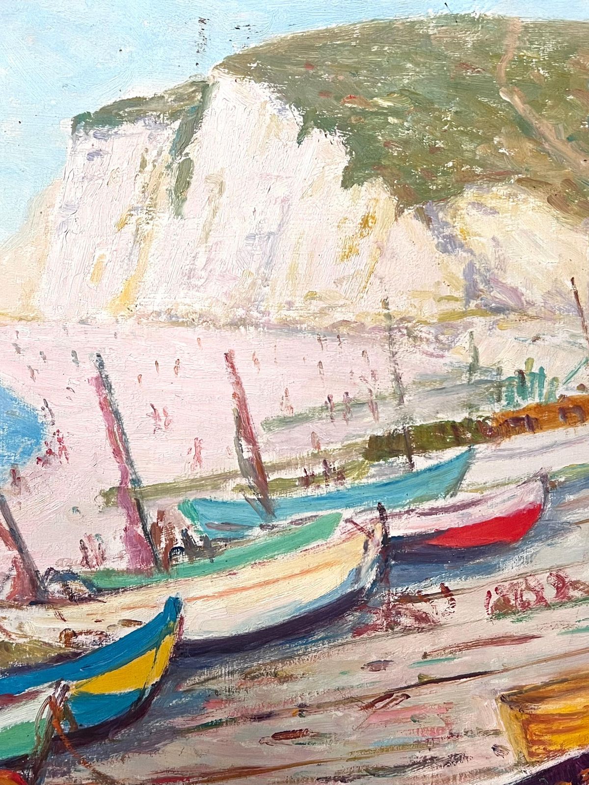 photo furniture N. Hauvettemid Century French Signed Oil Boats Moored On White Cliff Beach Coastal Seascape1950