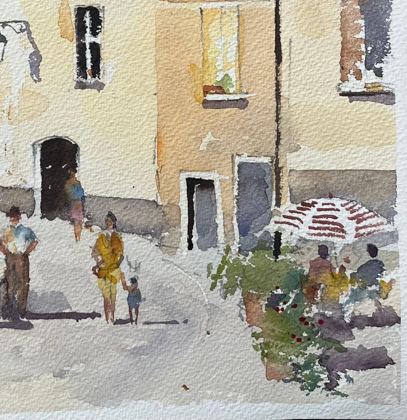 Anthony Averybritish Watercolor Of A Sunlit Mediterranean Courtyard With Figures And Fountain photo for sale