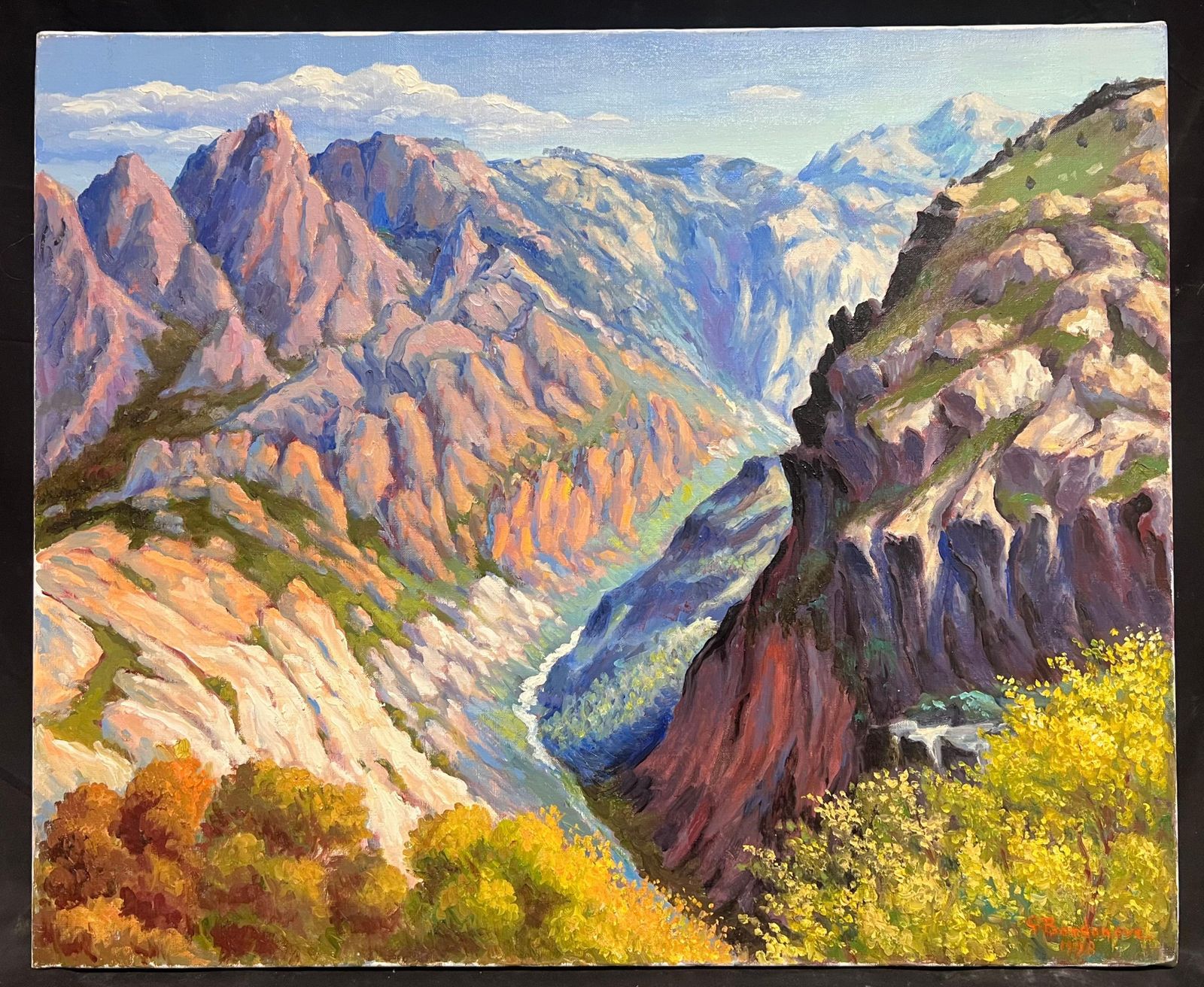 Georges Bordonovefrench Impressionist Oil Painting Bright And Colourful Towering Peaks And Valley photo furniture