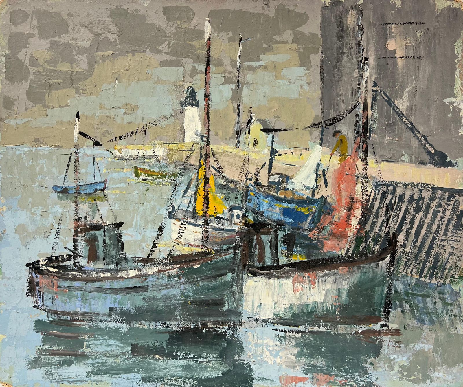 Fanch Lelfrench Impressionist Fishing Boats At The Harbor With Lighthouse Oil Painting