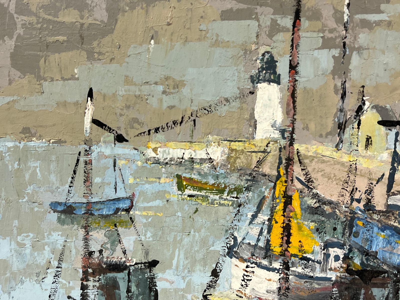 Fanch Lelfrench Impressionist Fishing Boats At The Harbor With Lighthouse Oil Painting photo Art