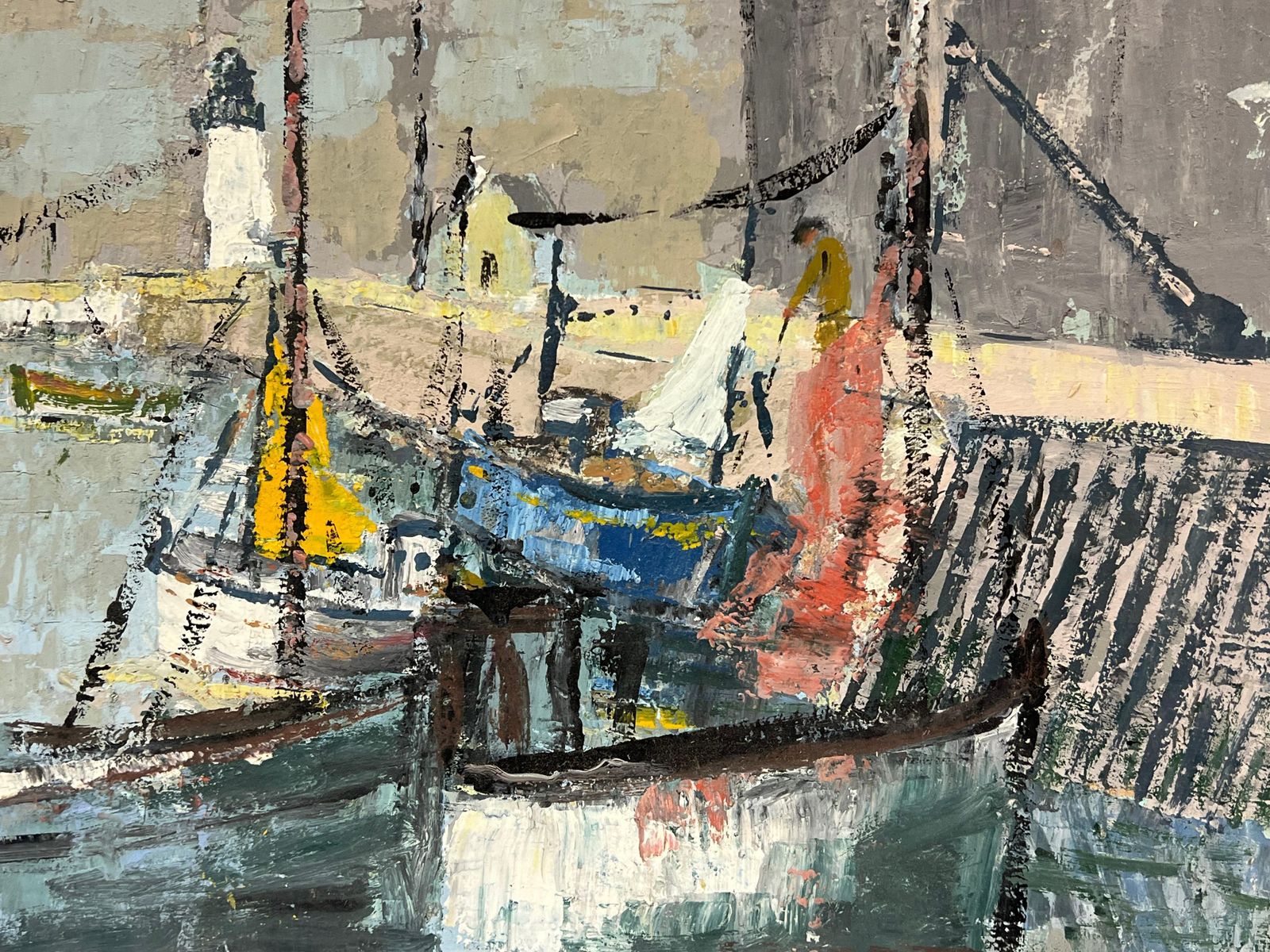 Fanch Lelfrench Impressionist Fishing Boats At The Harbor With Lighthouse Oil Painting photo vinterior