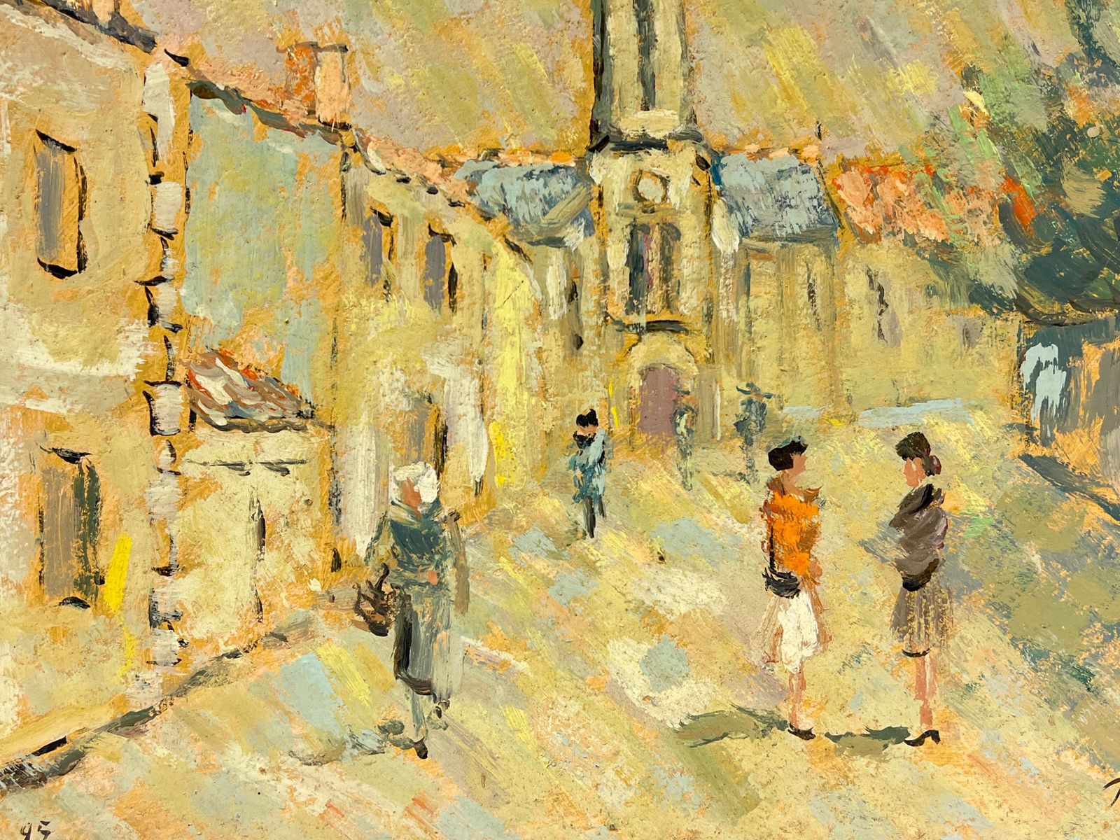 Fanch Lelfrench Impressionist Figures Gossiping In Sunlit Village Street Oil Painting photo Art
