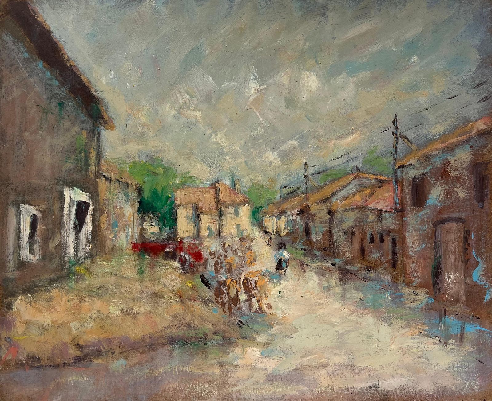 Fanch Lelfrench Impressionist Sun Dappled Village Street Scene With Farmers & Livestock