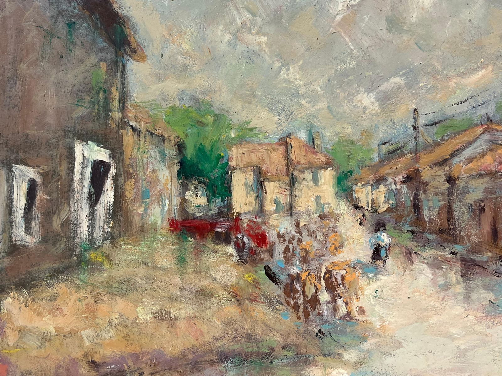 Fanch Lelfrench Impressionist Sun Dappled Village Street Scene With Farmers & Livestock photo 560.0