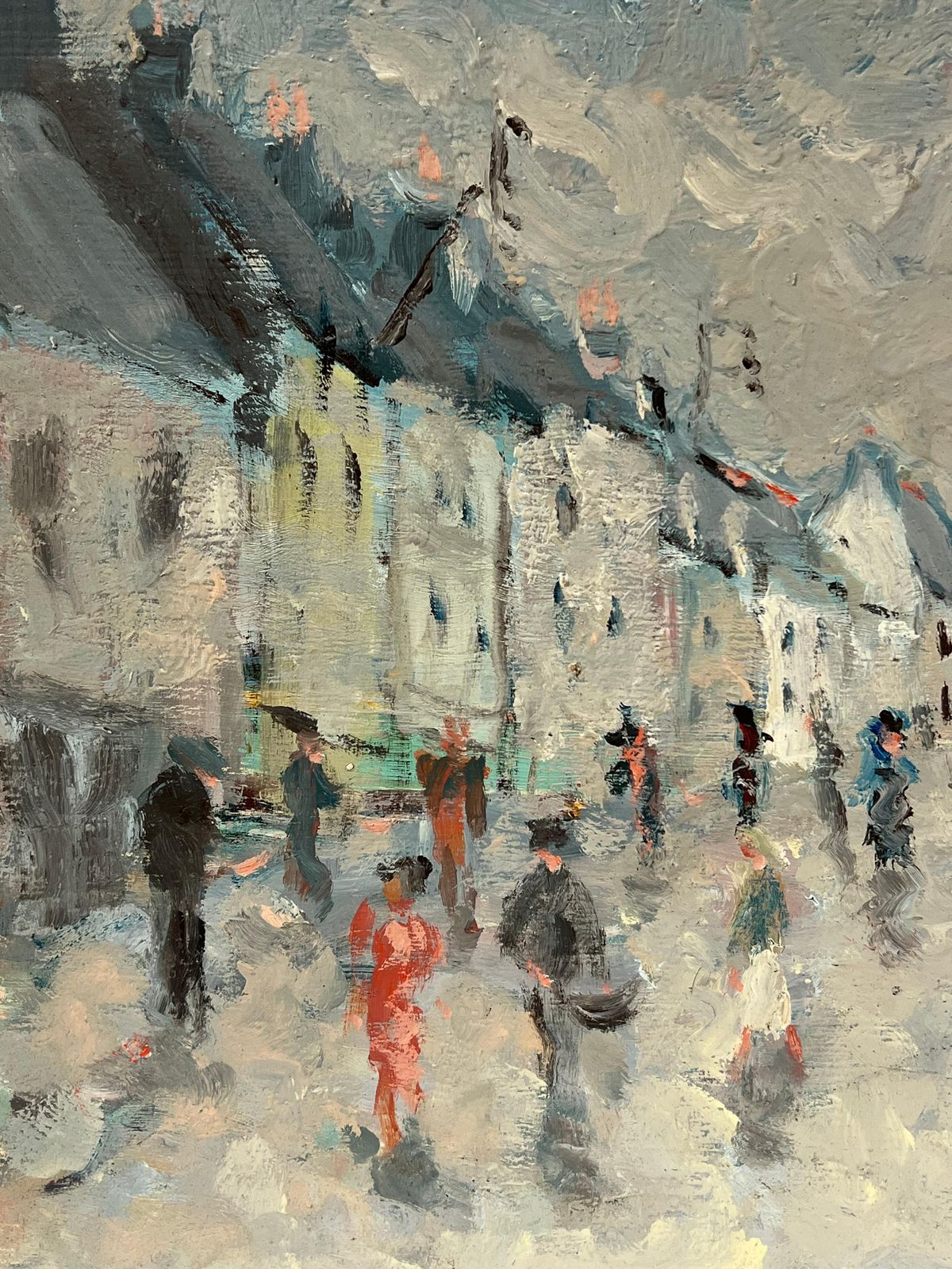 Fanch Lelfrench Impressionist Grey Rainy Day In A Bustling Village Street Oil Painting photo for sale