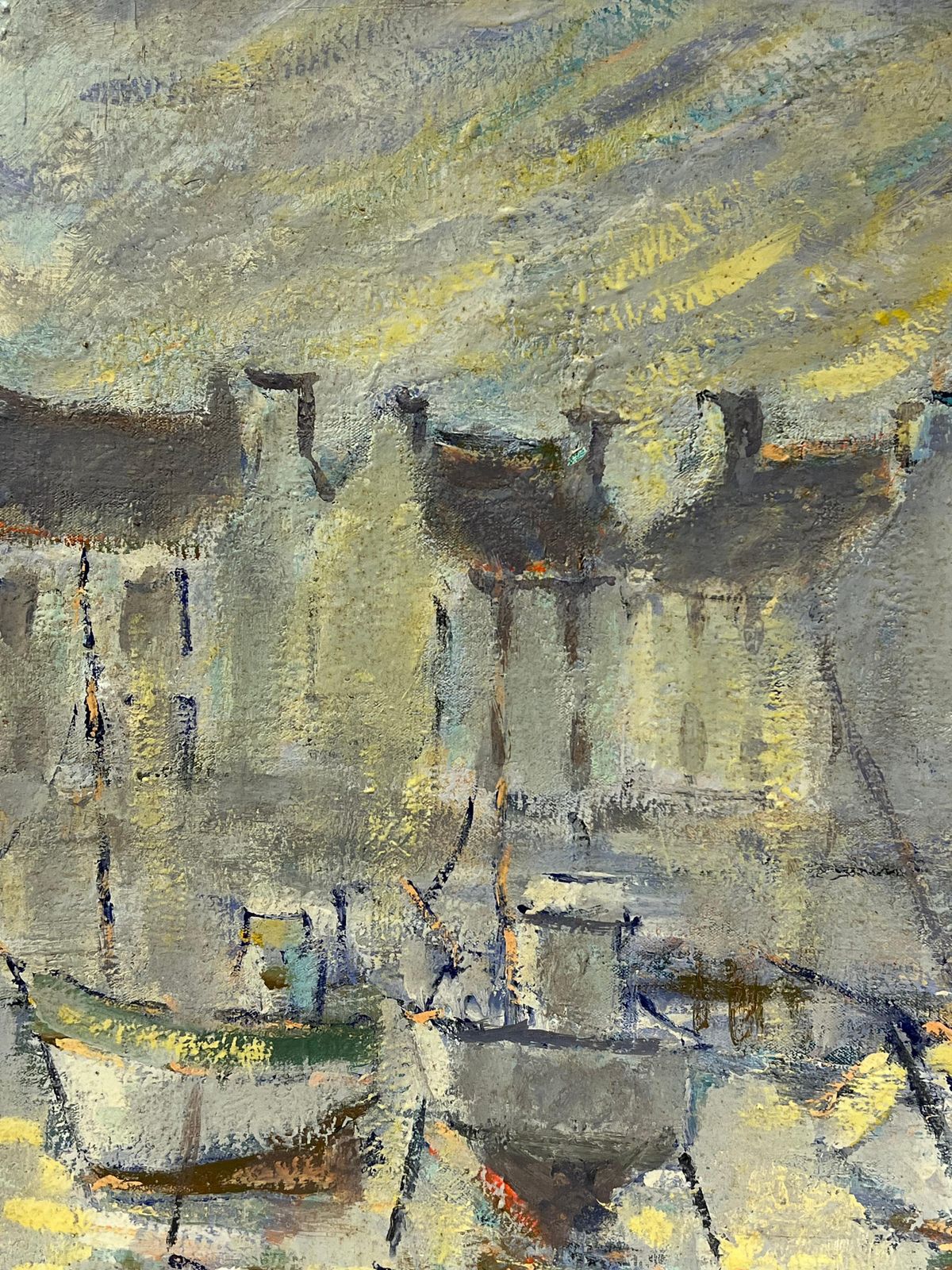 Fanch Lelfrench Impressionist Grey Boats At Harbor At Dusk With Peering Sun Landscape photo Art