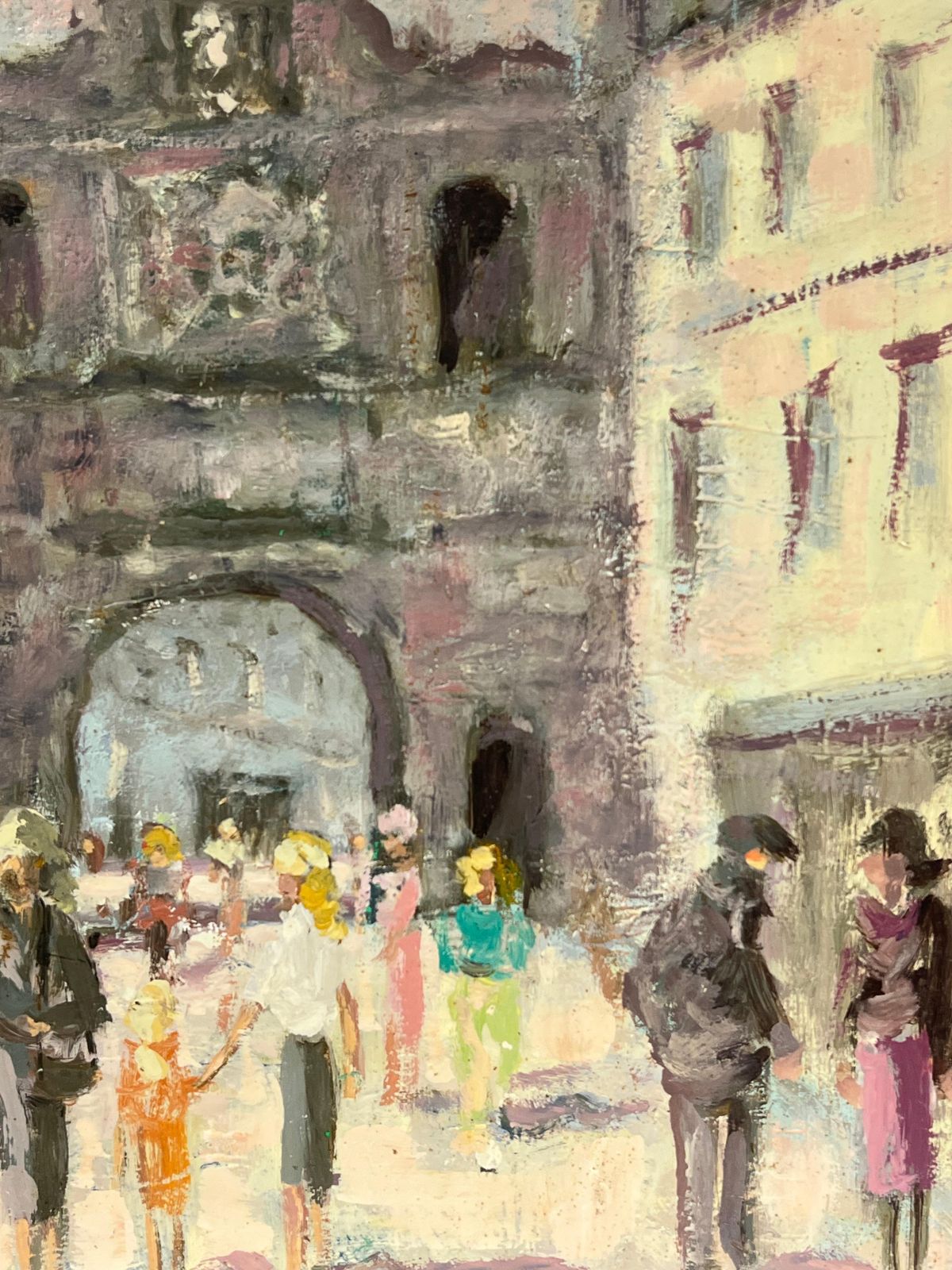 Fanch Lelfrench Impressionist Busy Scene Of Strolling Figures Through Village Gateway photo for sale