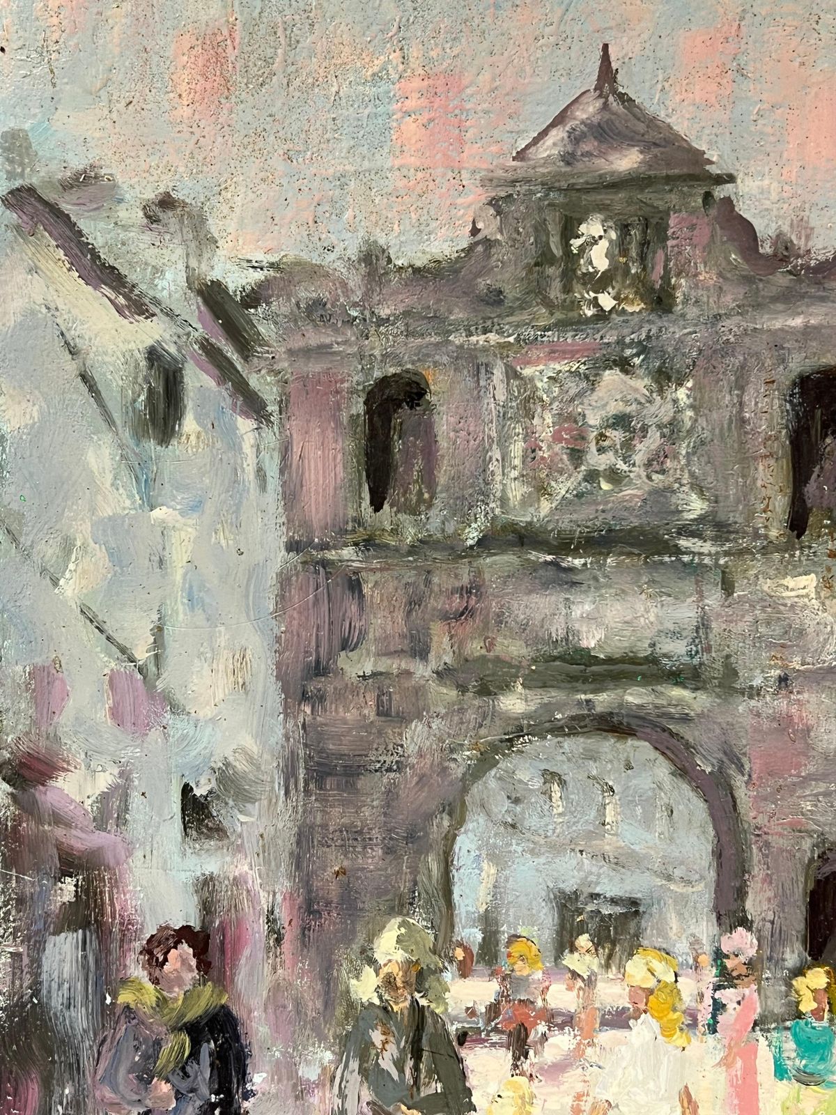 Fanch Lelfrench Impressionist Busy Scene Of Strolling Figures Through Village Gateway photo Art
