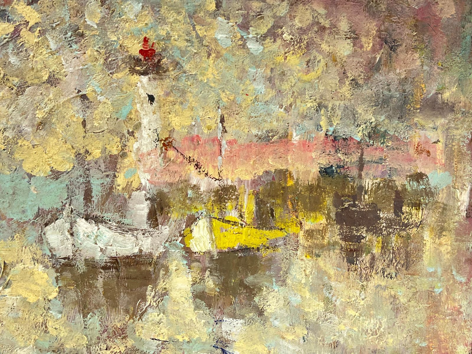 Fanch Lelfrench Impressionist Dotty Glow Of Lighthouse And Boats Oil Painting photo for sale