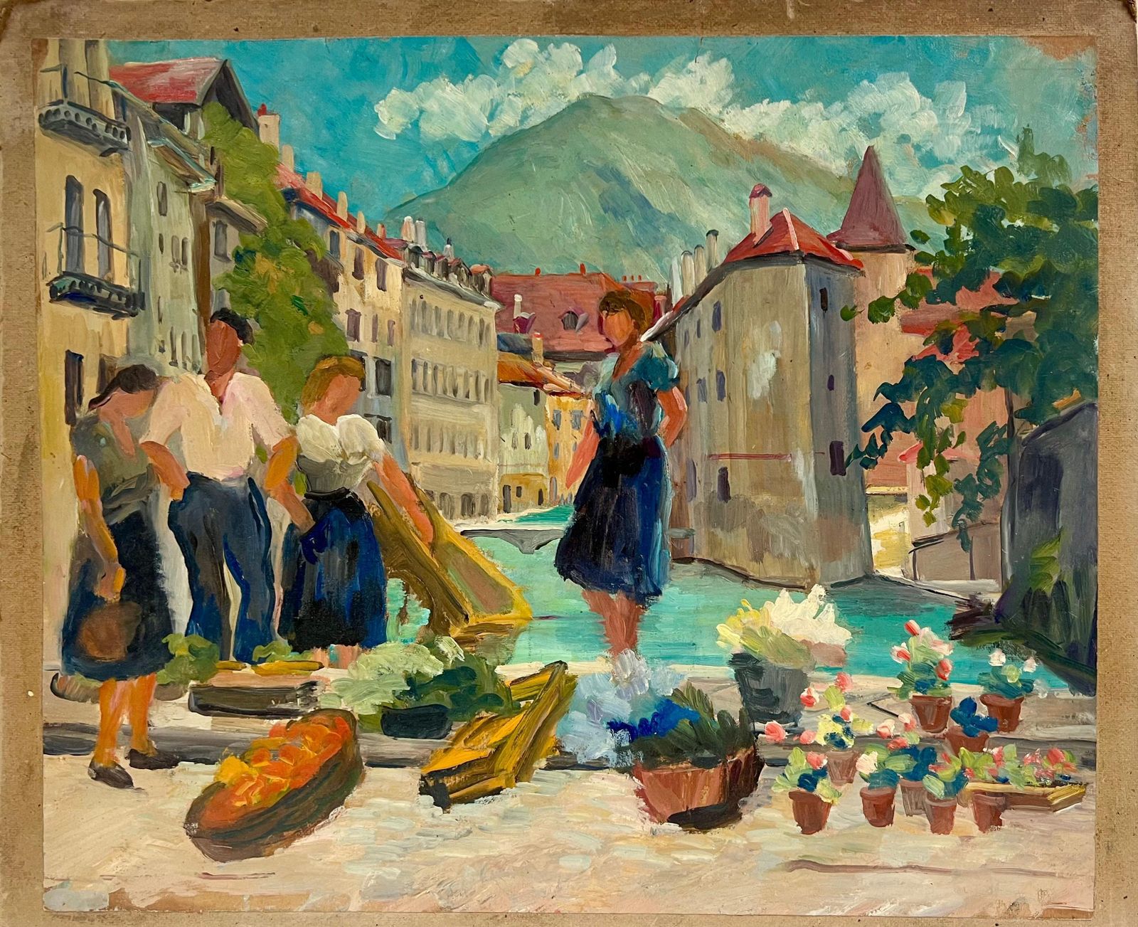 Regine David1940's French Oil Painting Figures South Of France Busy Market Scene photo furniture