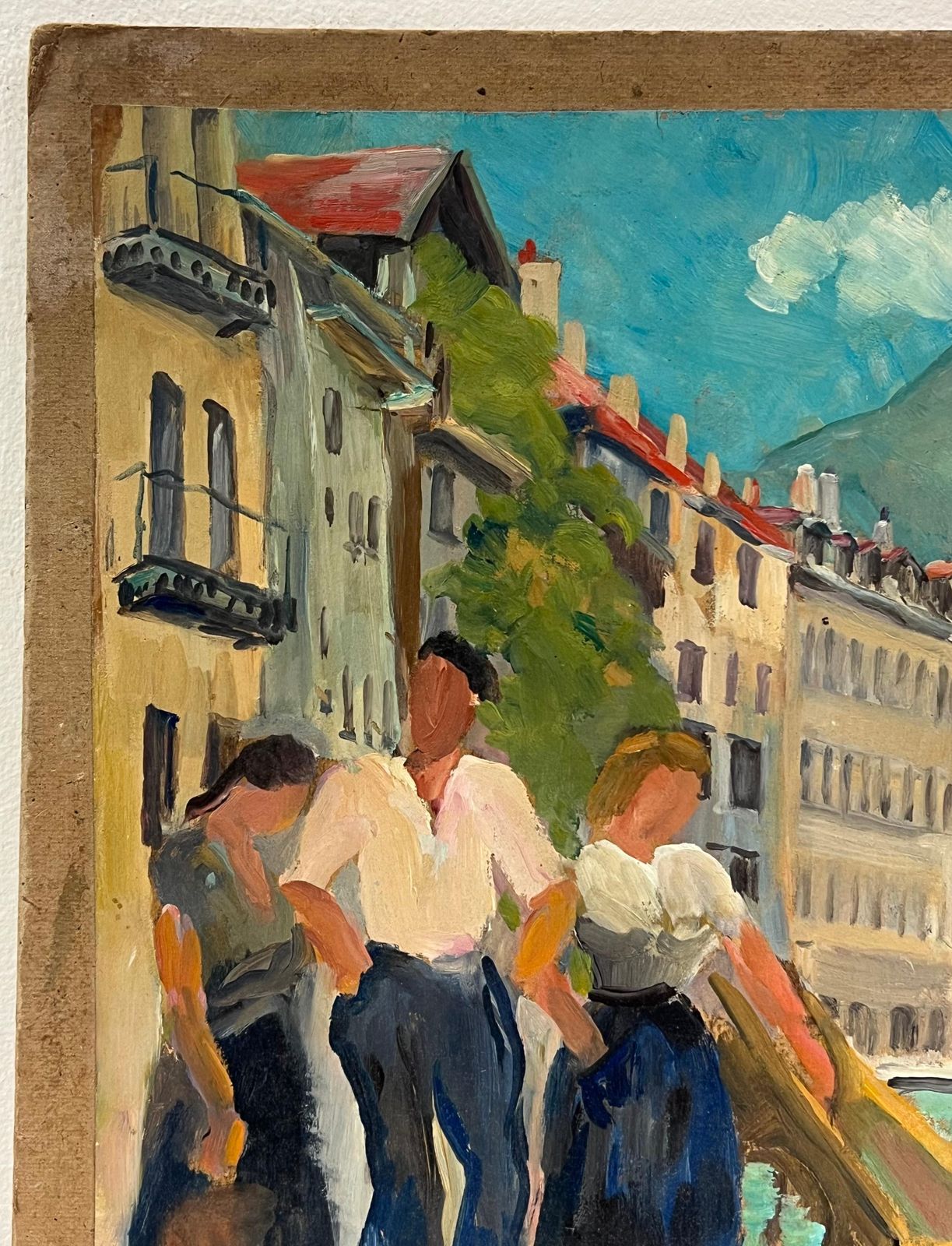Regine David1940's French Oil Painting Figures South Of France Busy Market Scene photo vinterior