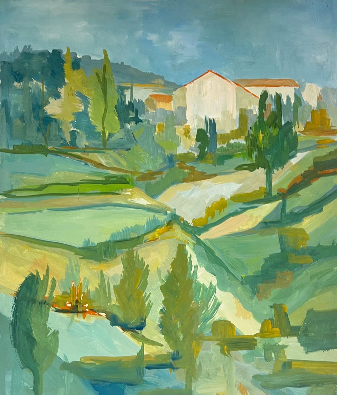 Bernard Labbe1950's Bright Green And Blue Landscape Of Hills And Fields French Oil1950's