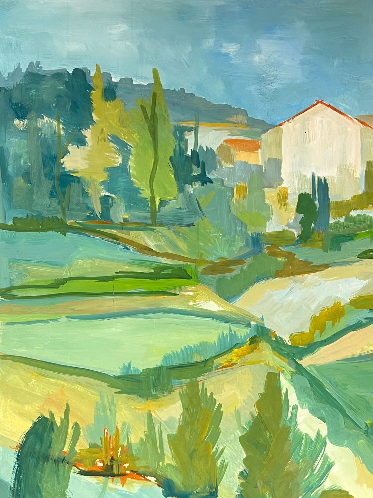 Bernard Labbe1950's Bright Green And Blue Landscape Of Hills And Fields French Oil1950's photo for sale