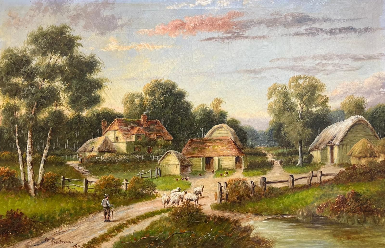 Antique English Antique English Countryside Oil Painting Shepherd With Sheep And Rural Farmstead photo furniture