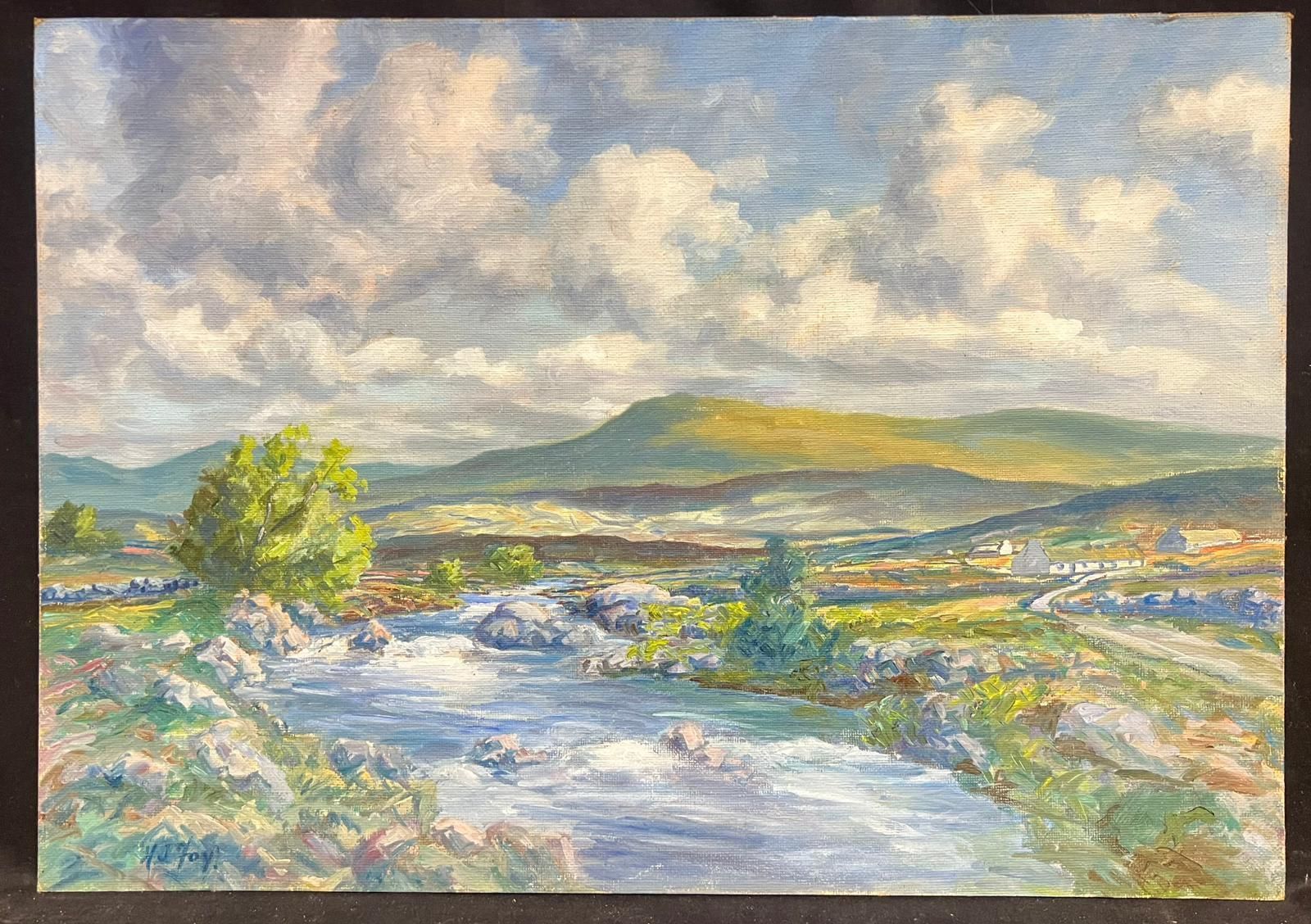 Irish Artist1950s Irish Landscape Signed Oil Painting Rolling Hills Flowing Stream Connemara photo furniture