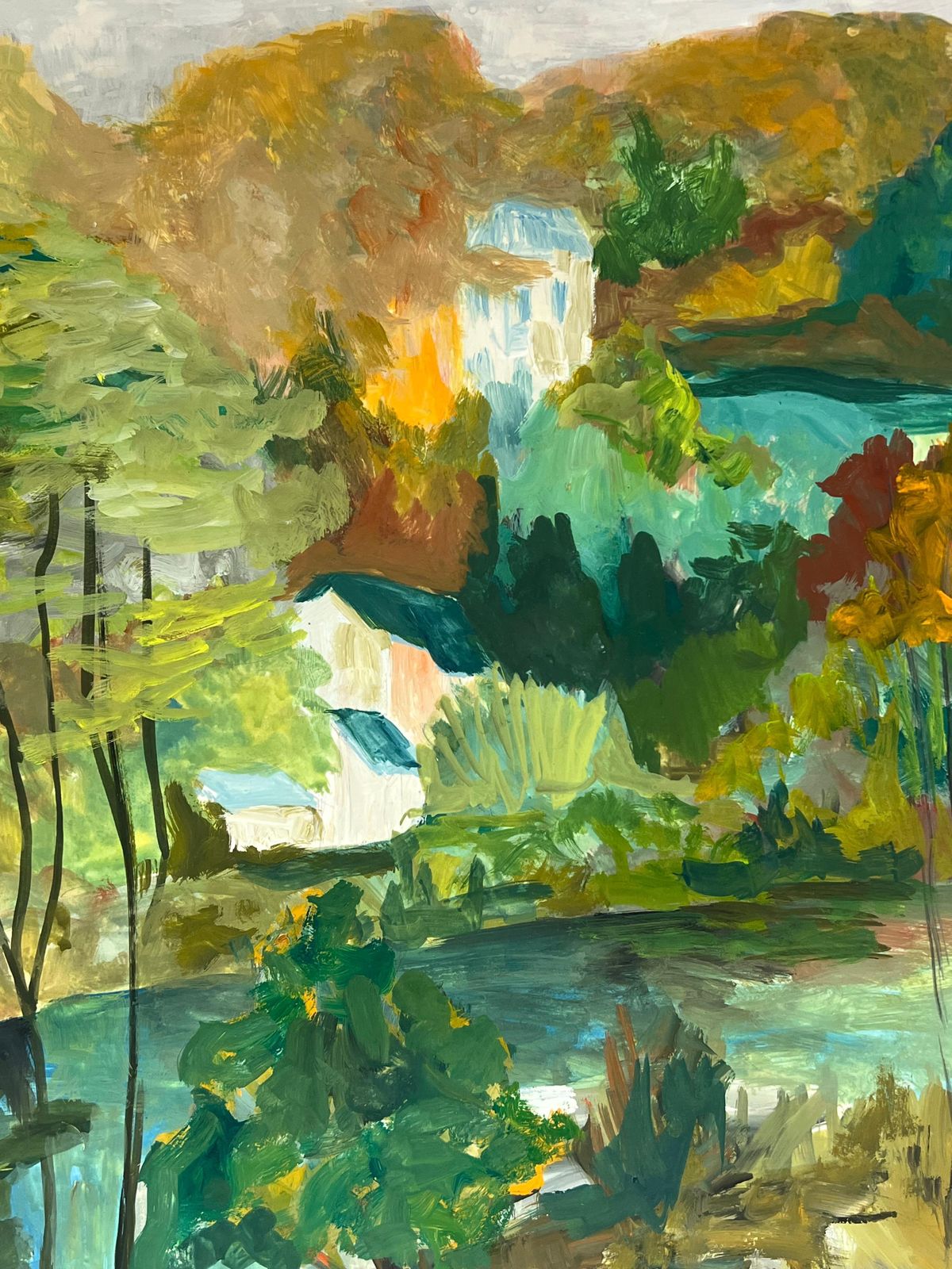 Bernard Labbe1950's Nestled Houses In Autumnal Riverside Landscape French Oil Landscape1950's photo vintage