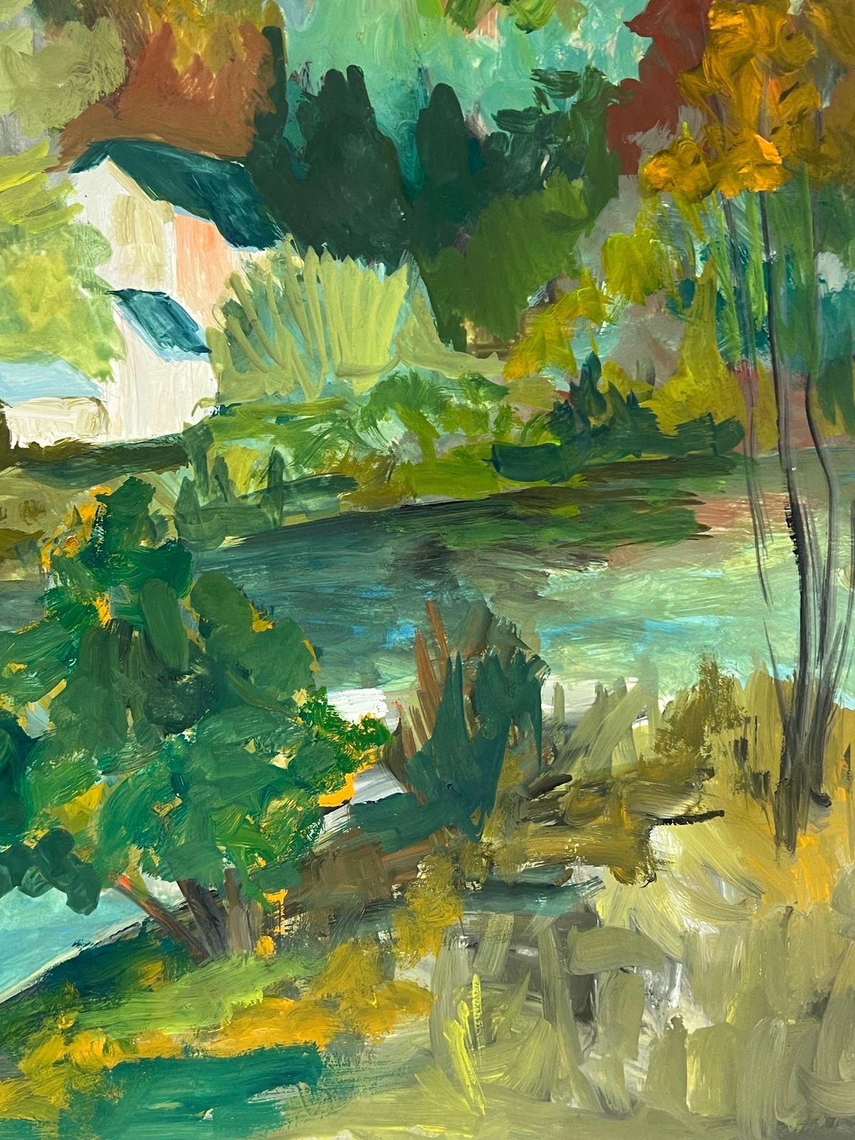 photo furniture Bernard Labbe1950's Nestled Houses In Autumnal Riverside Landscape French Oil Landscape1950's