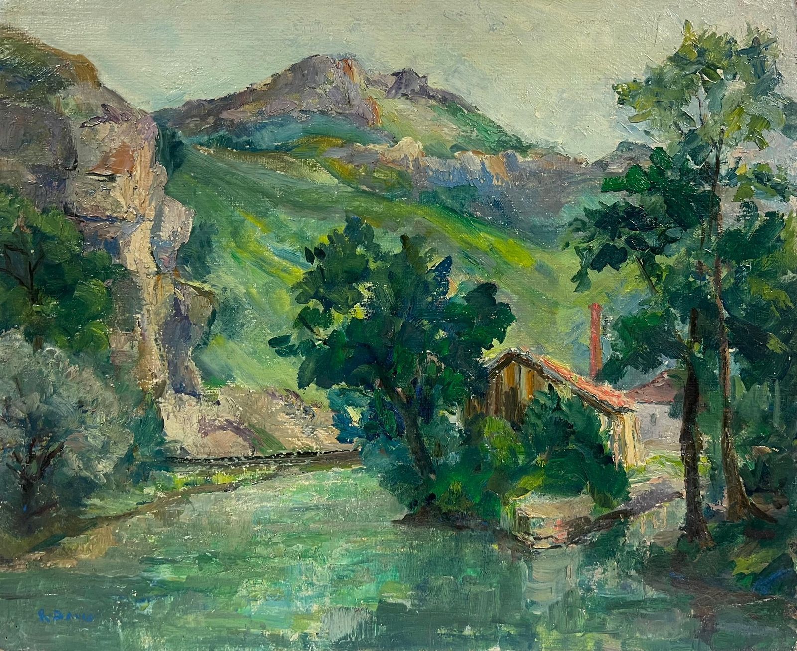 Regine David1930's French Green Lush River Landscape Gorge Valley Signed Oil Painting