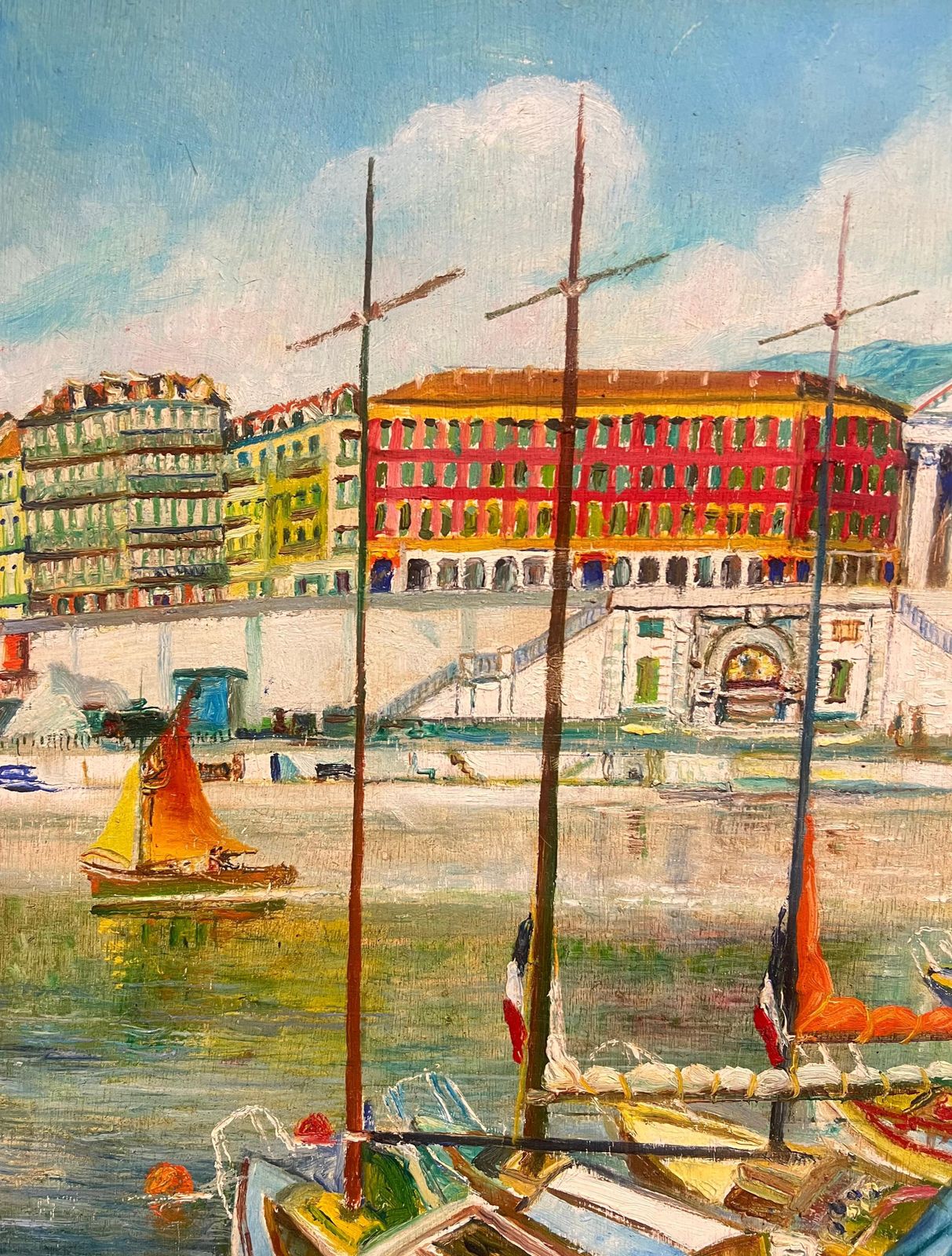 French Schoolvintage Mid 20th Century French Oil Painting Nice Old Port Harbor Busy Scene photo buy