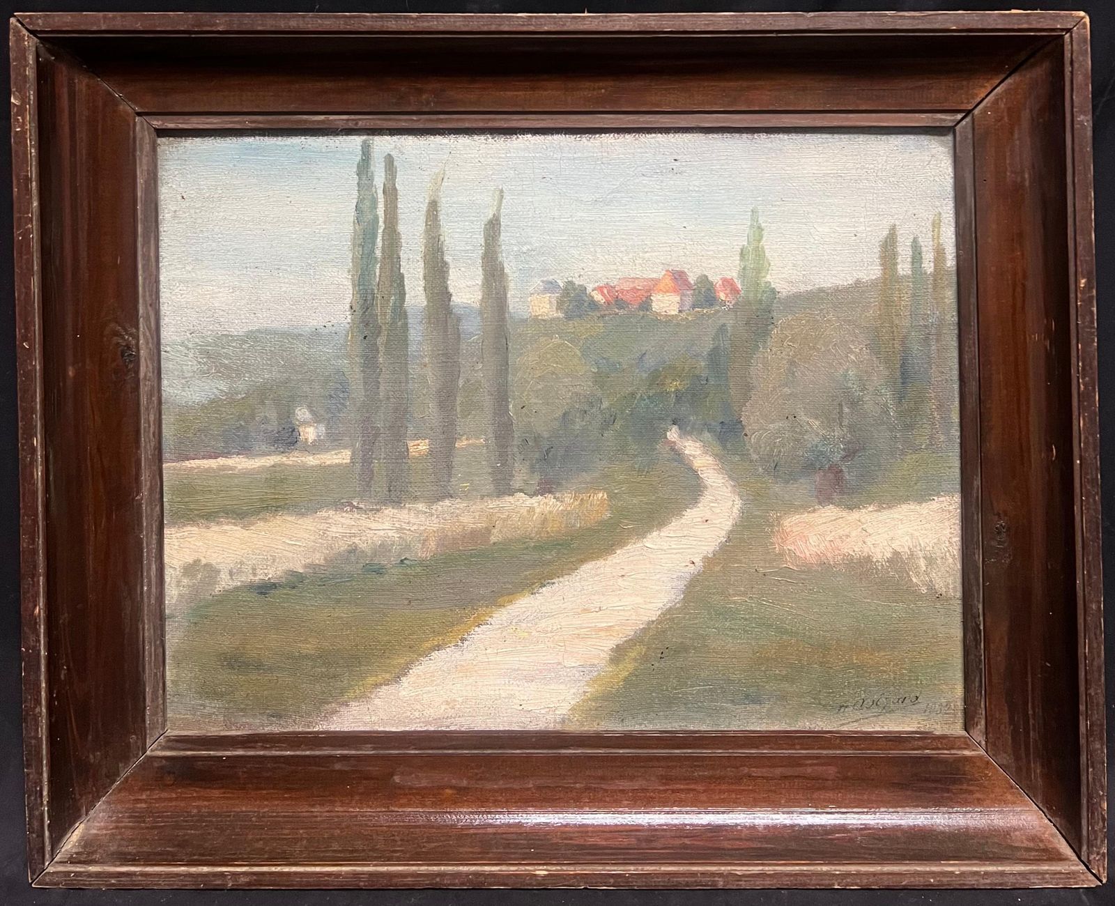 French School1930's Atmospheric French Provencal Countryside Landscape Cypress Trees In Lane1930's