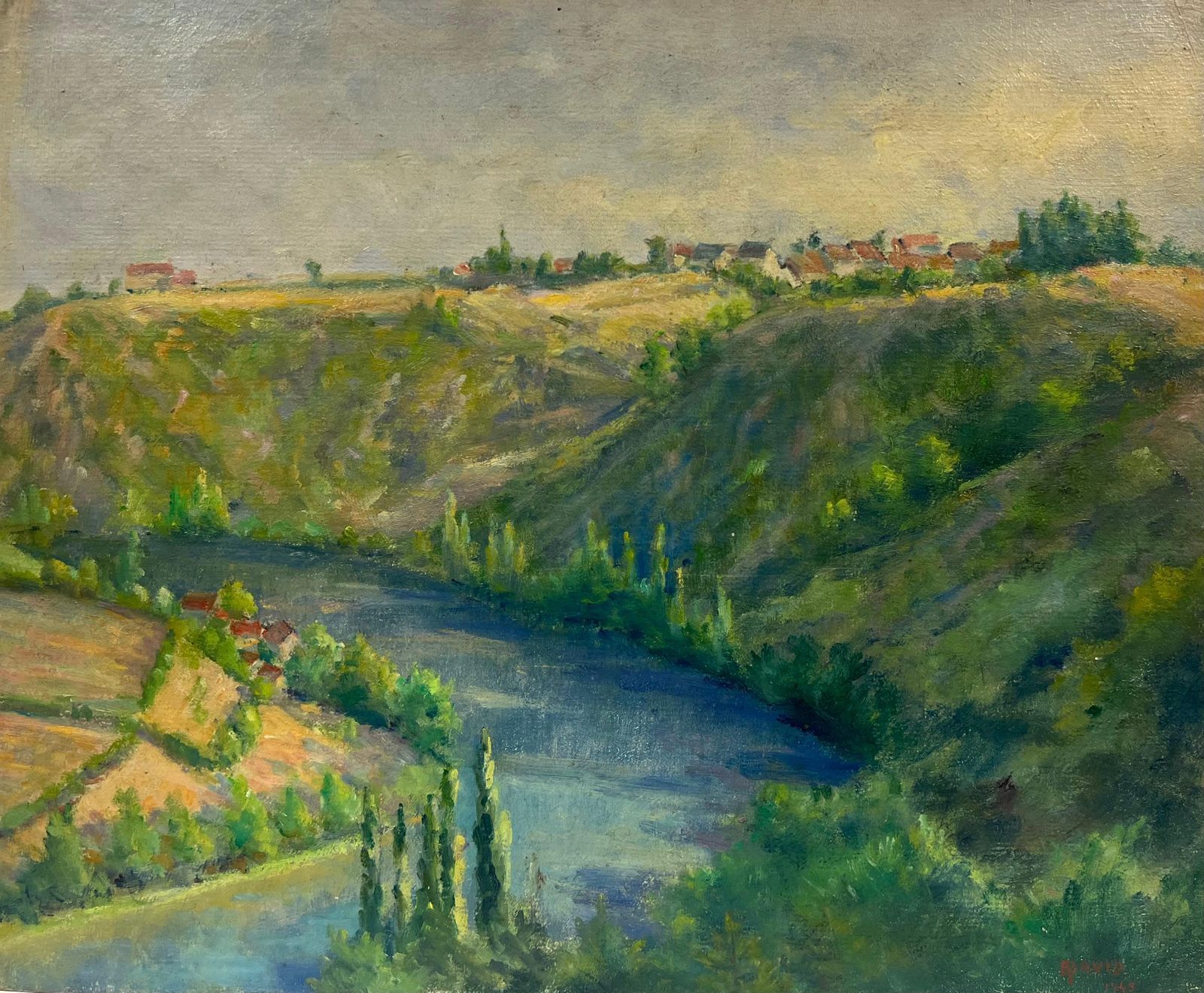 Regine David1940's French River Valley Lush Green Colors Signed Oil Painting1949