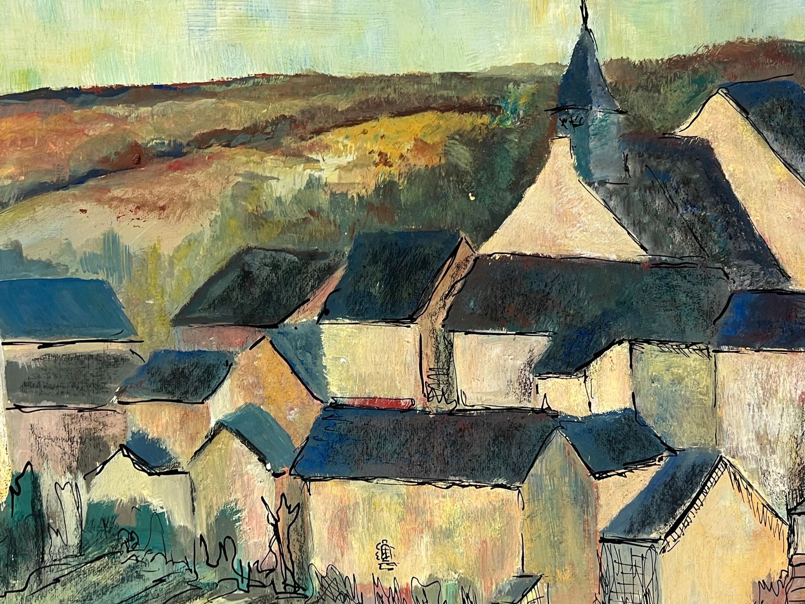 Bernard Labbe1950's French Enclosed Village With Central Steeple Oil Landscape1950's photo Art
