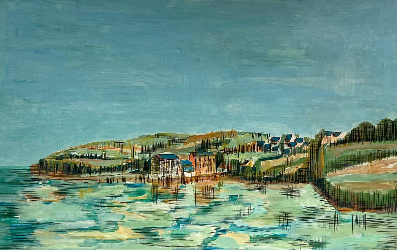 Bernard Labbe1950's Summer Blue Coastal Village Reflection French Landscape1950's photo Art