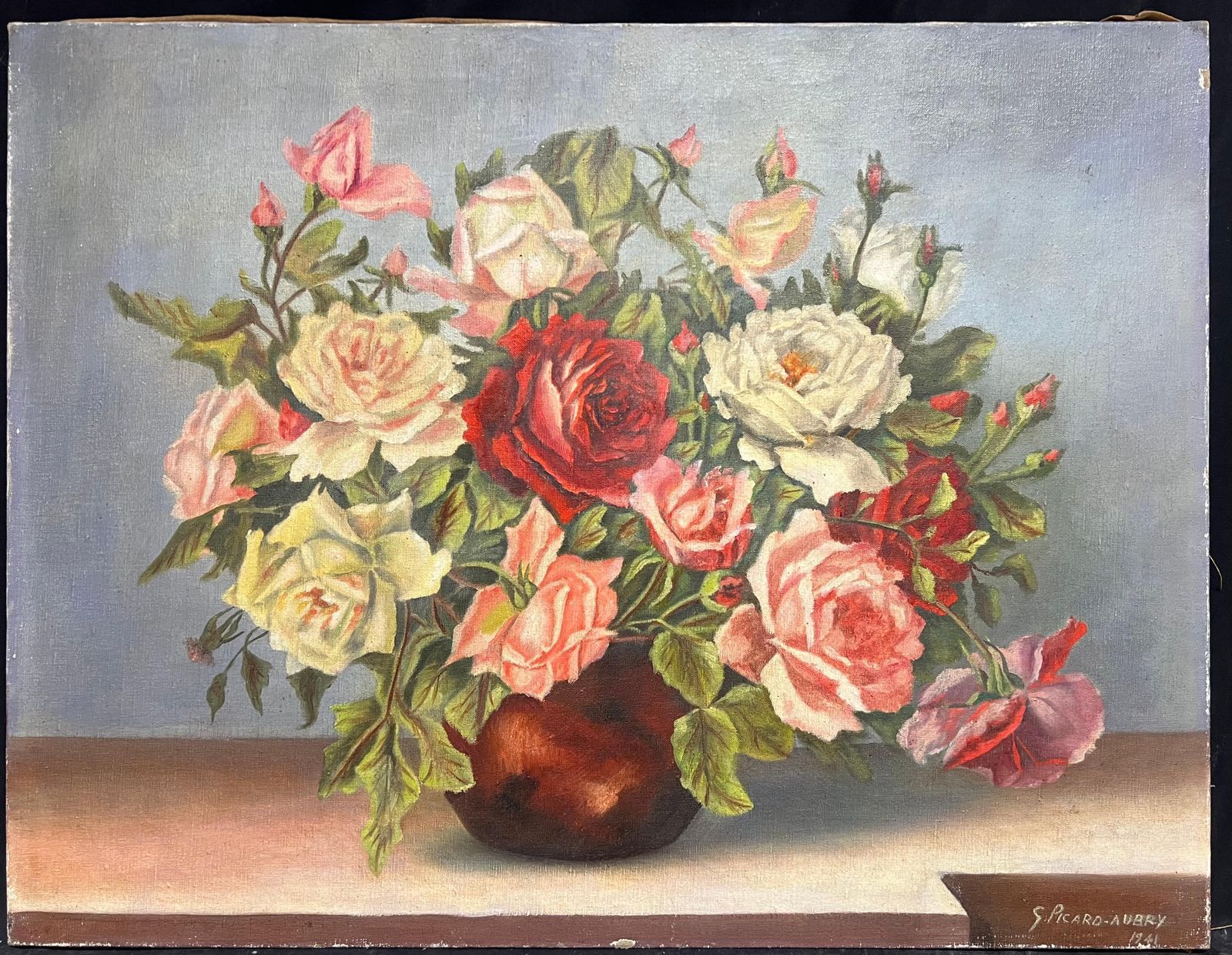 G. Picard Aubry1940's French Floral Still Life Pink Red Roses In Brown Vase Oil Painting1940''S photo furniture