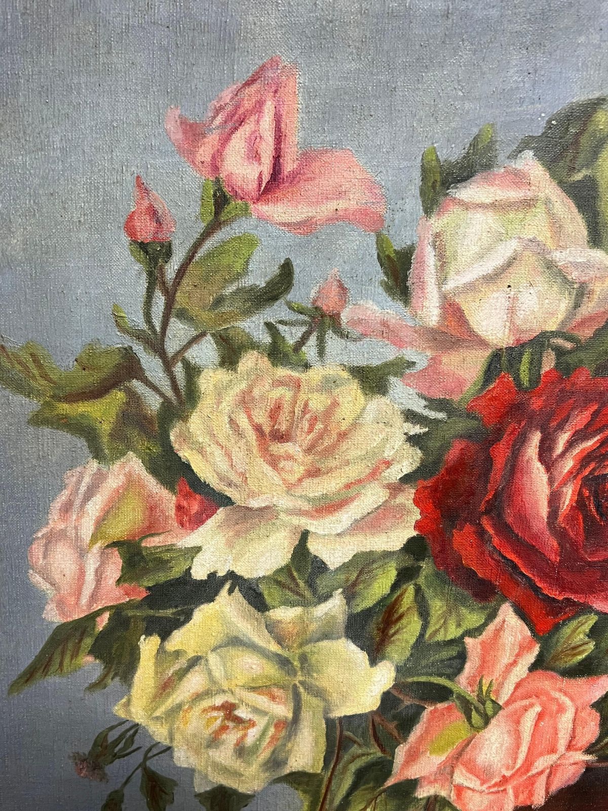 G. Picard Aubry1940's French Floral Still Life Pink Red Roses In Brown Vase Oil Painting1940''S photo for sale