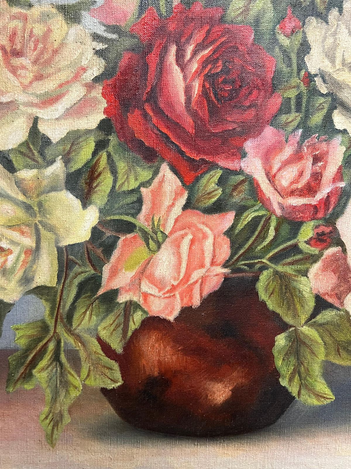 G. Picard Aubry1940's French Floral Still Life Pink Red Roses In Brown Vase Oil Painting1940''S photo buy