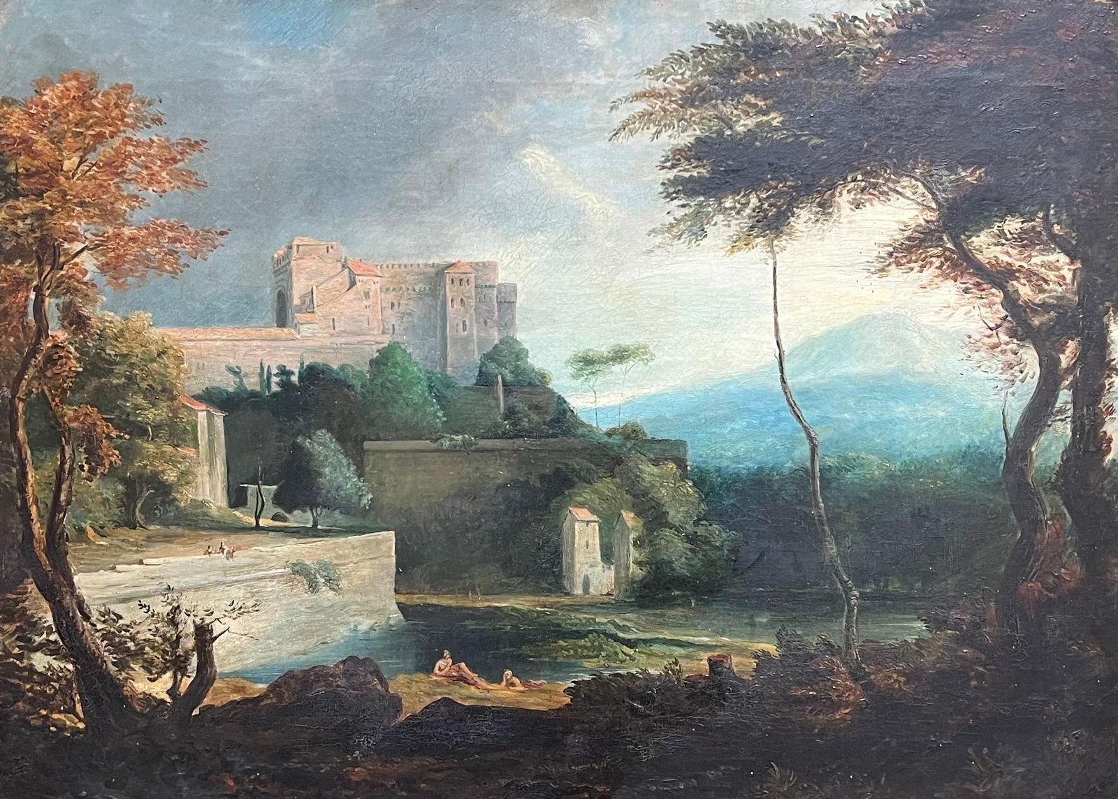 English Old Master Oil Antique English Grand Tour Old Master Oil Figures  Classical Arcadian Landscape photo furniture