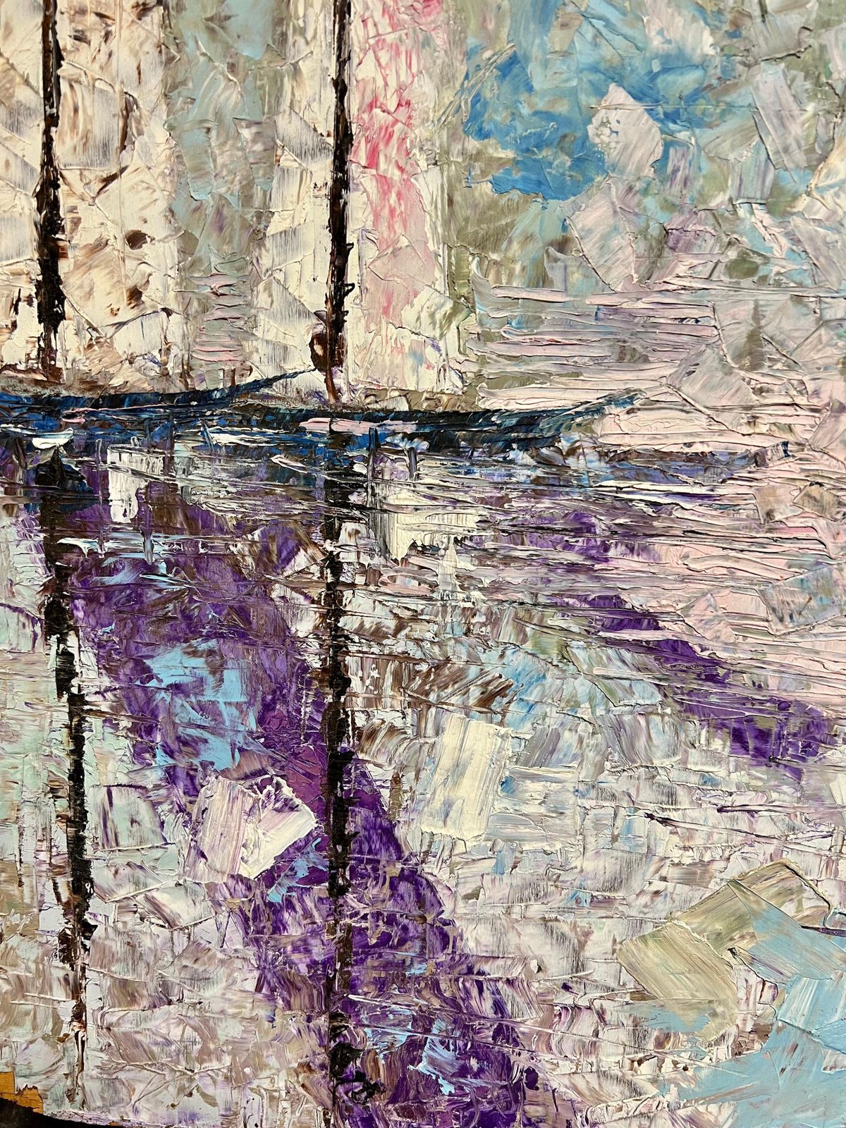 French Cubist 1950'slarge Mid 20th Century French Cubist Oil Painting Sailboats In Abstract Harmony1950's photo vintage