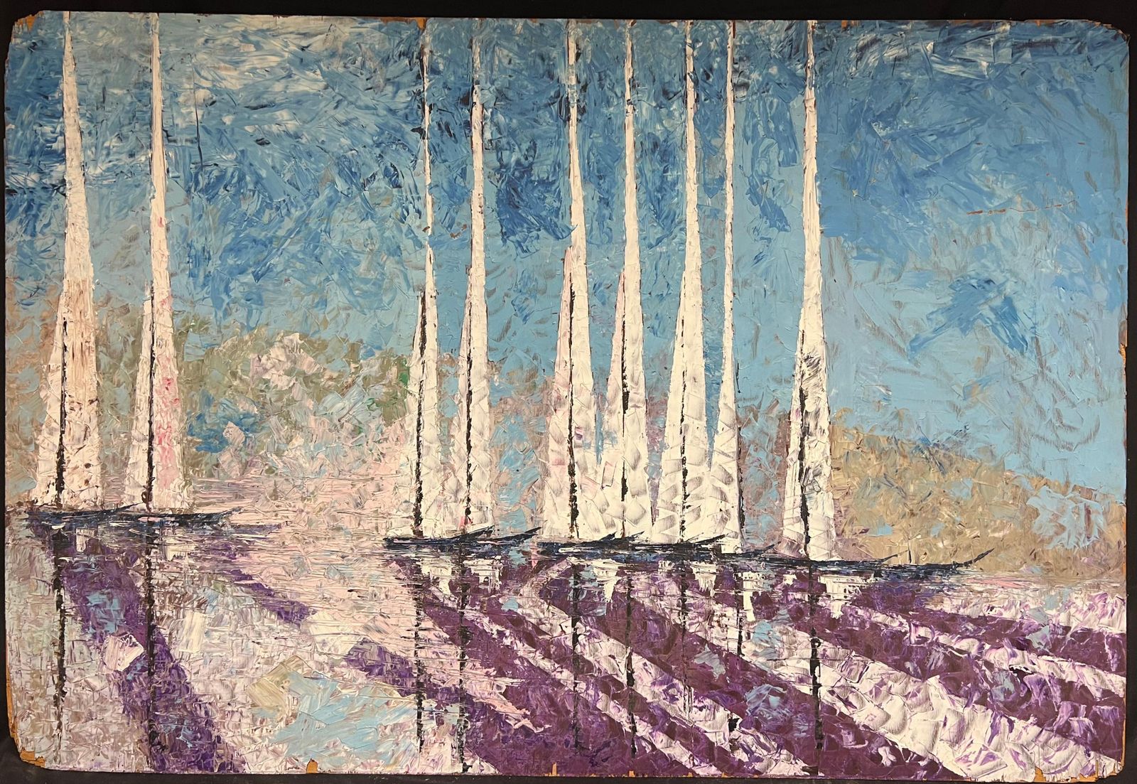 photo vinterior French Cubist 1950'slarge Mid 20th Century French Cubist Oil Painting Sailboats In Abstract Harmony1950's