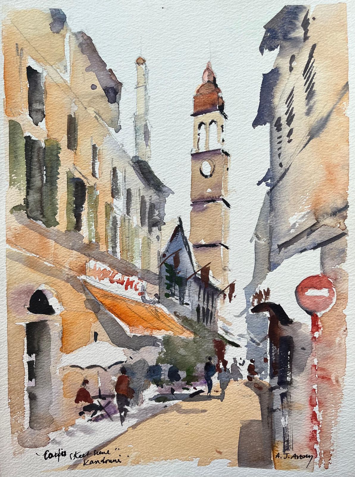 Anthony Averybritish Impressionist Watercolor Of A Café Street Scene In Kandouri