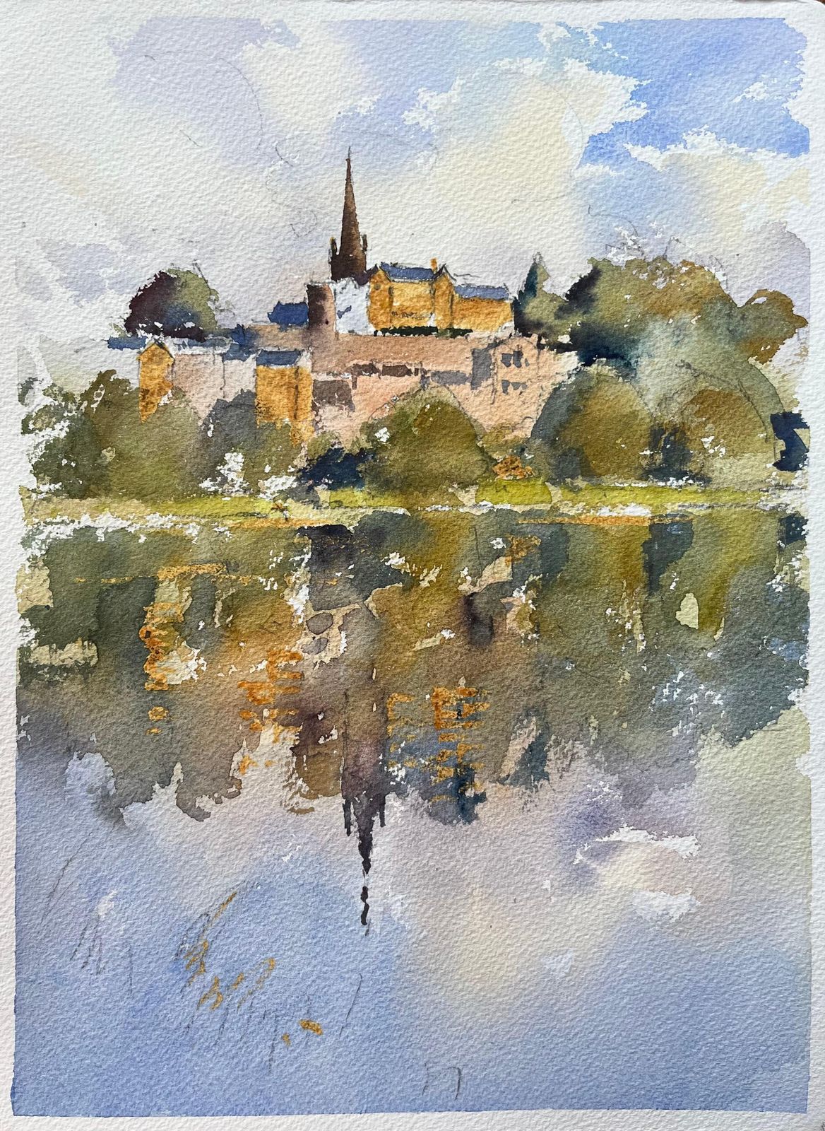 Anthony Averybritish Impressionist Watercolor Of Hilltop Village And Church With Reflections