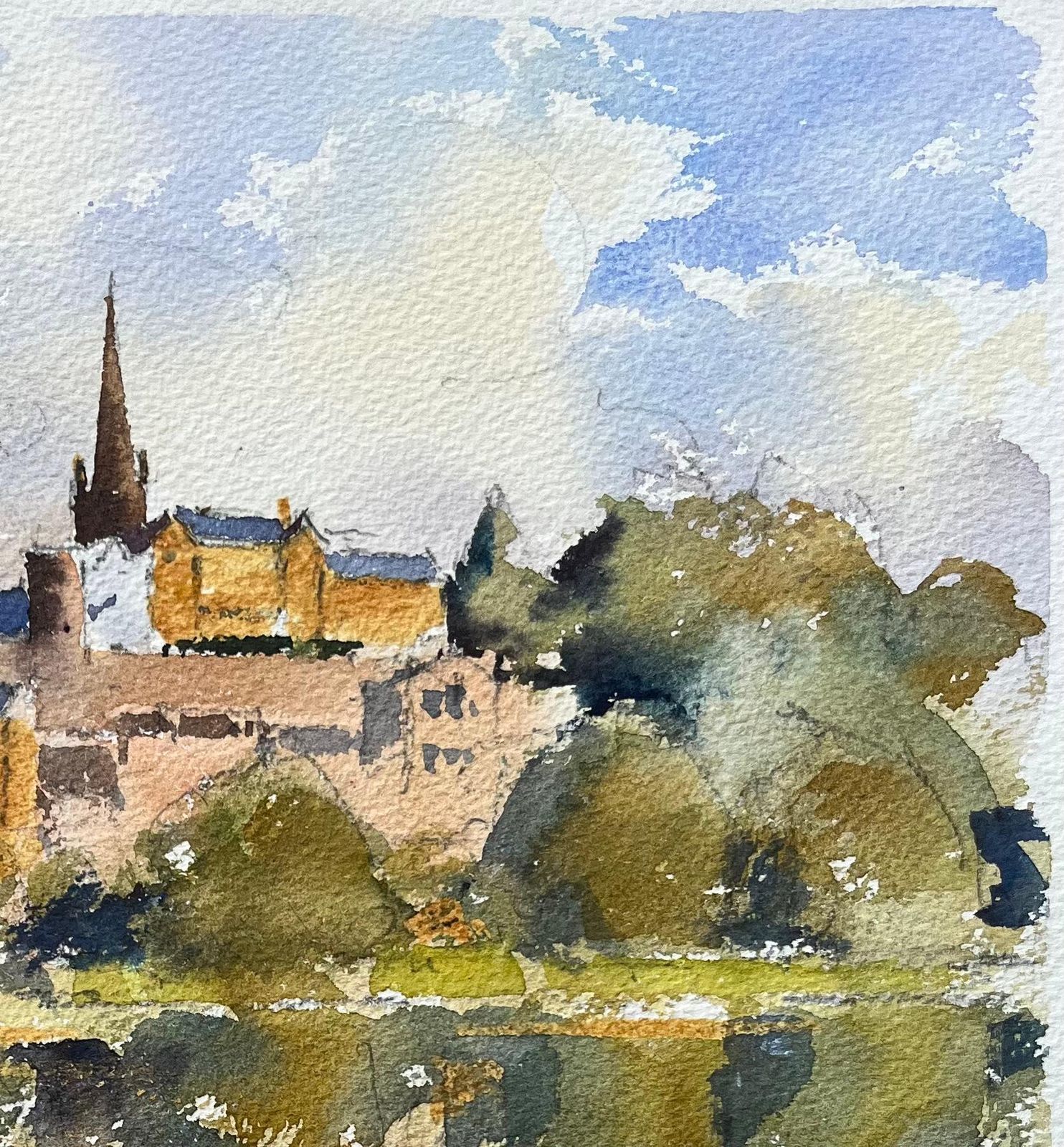 Anthony Averybritish Impressionist Watercolor Of Hilltop Village And Church With Reflections photo for sale