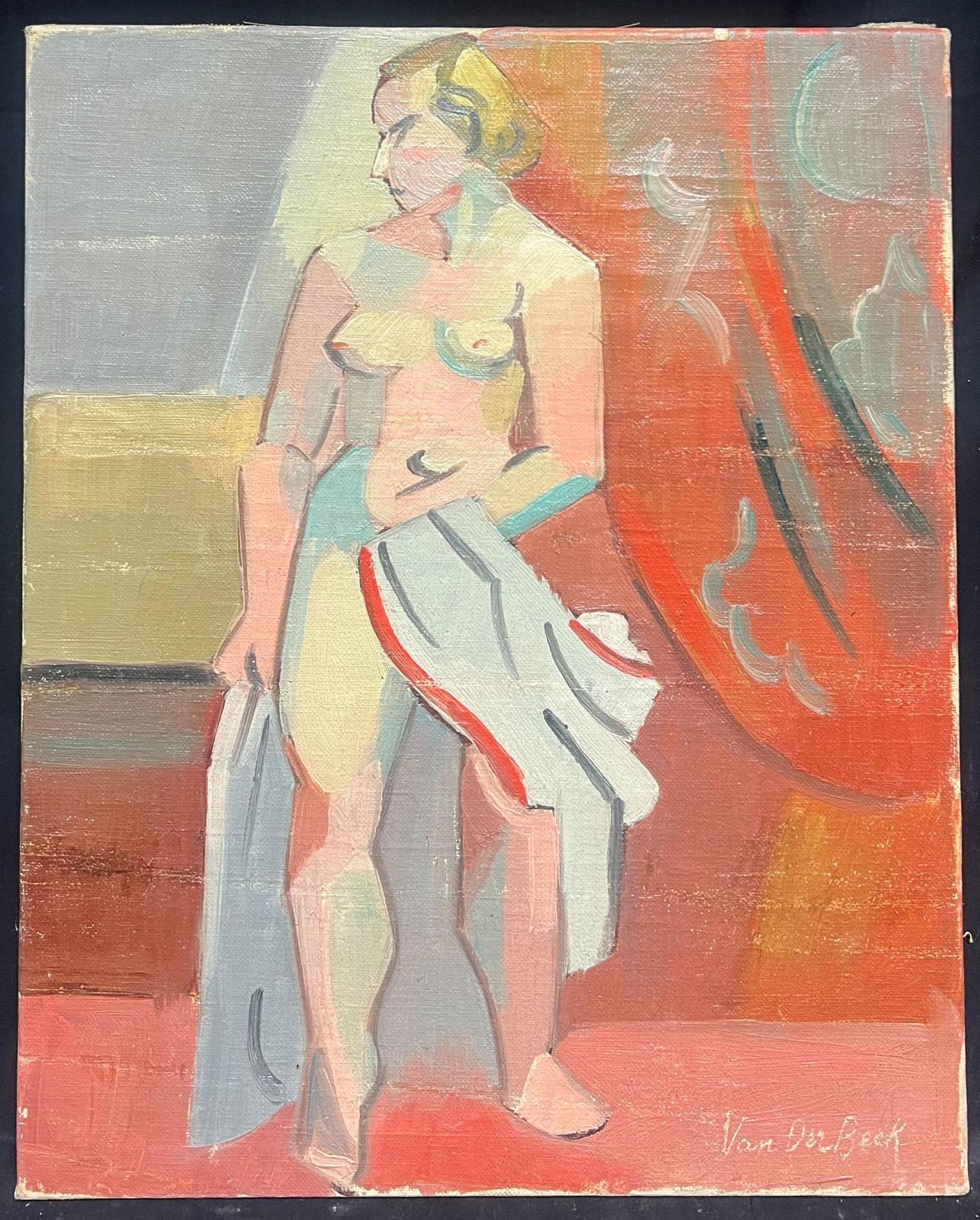 Henri Van Der Beck1930's French Cubist Nude Signed Oil Lady Vibrant Geometric Composition1930's photo furniture