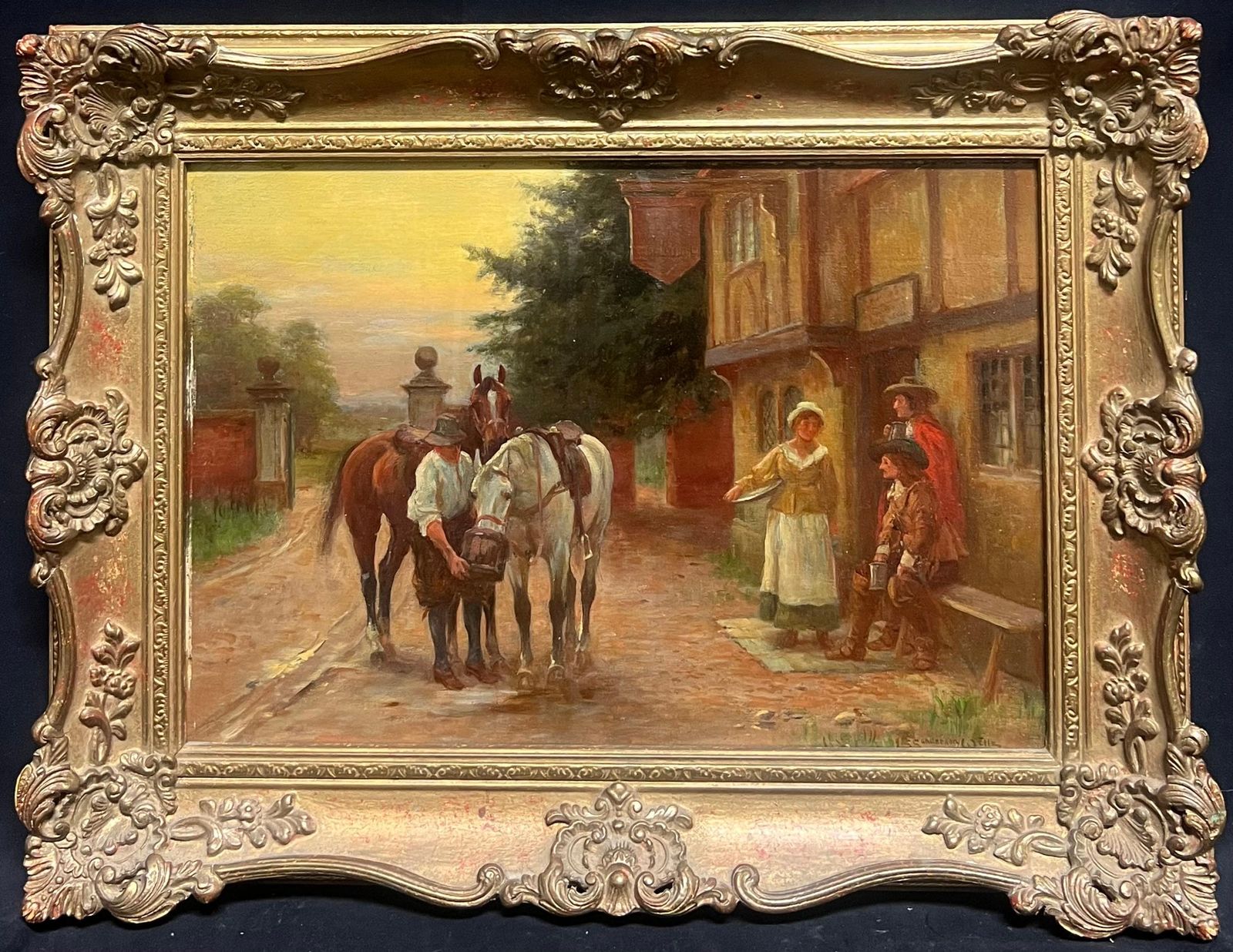 J Sanderson Wellsfine Victorian Oil Painting Cavalry Men Resting Village Tavern Roadside Inn photo furniture